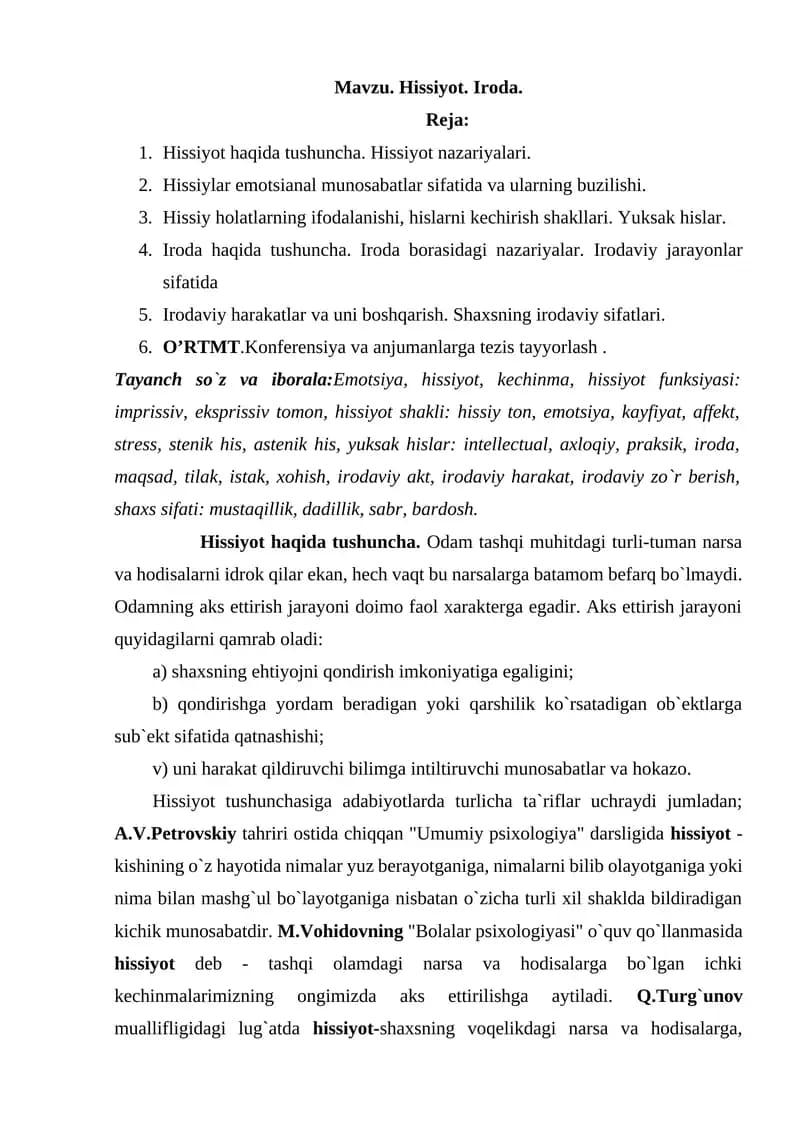 Hissiyot. Iroda.
