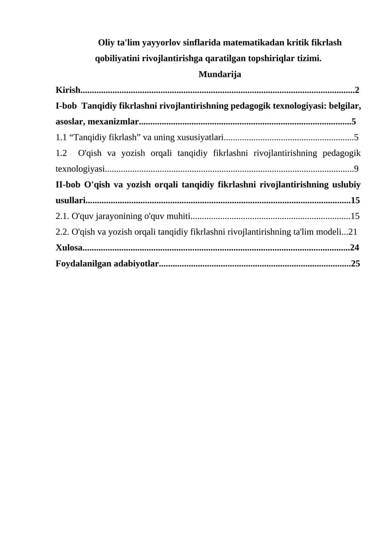Oliy ta'lim yayyorlov sinflarida matematikadan kritik fikrlash qobiliyatini rivojlantirishga qaratilgan topshiriqlar tizimi.