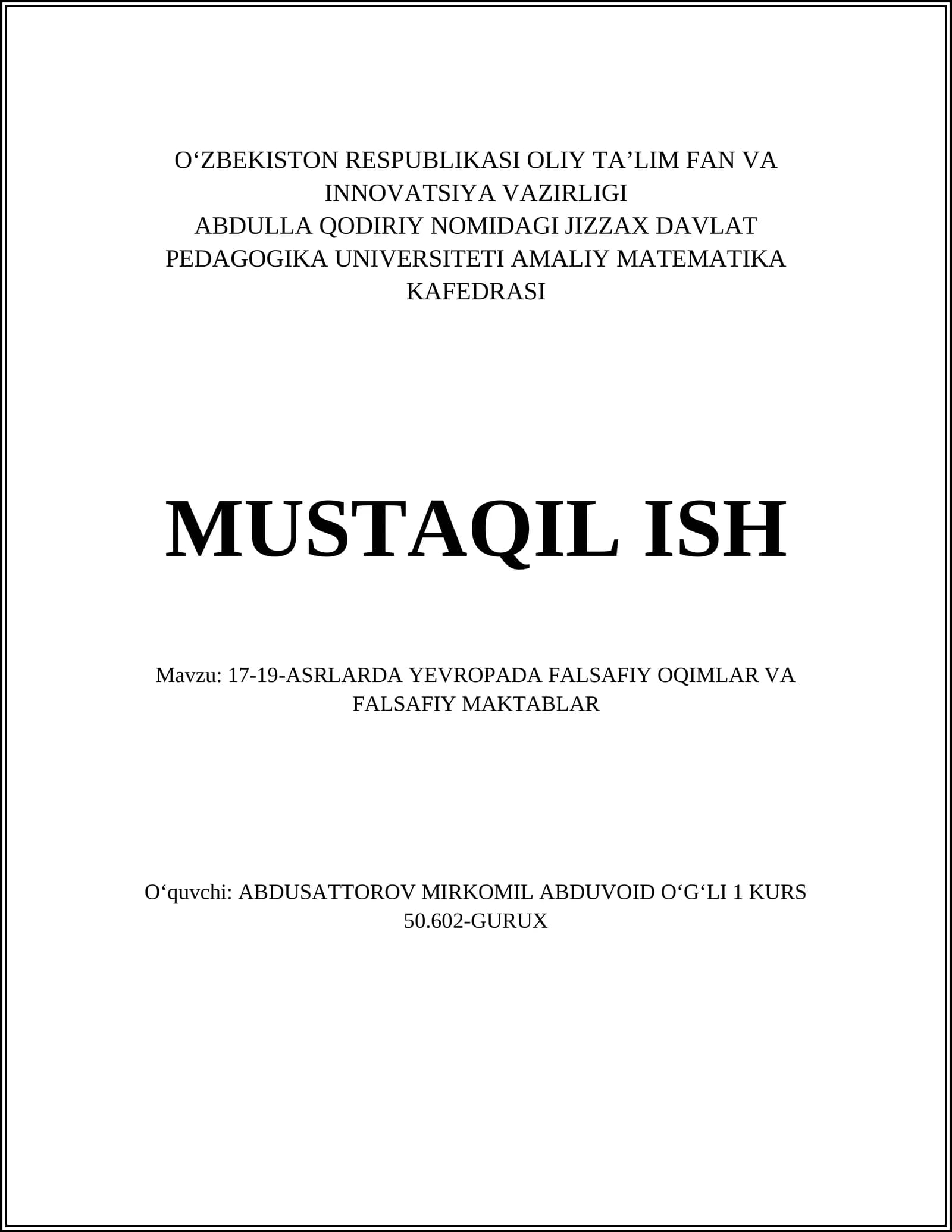 ABDULLA QODIRIY NOMIDAGI JIZZAX DAVLAT PEDAGOGIKA UNIVERSITETI AMALIY MATEMATIKA KAFEDRASI