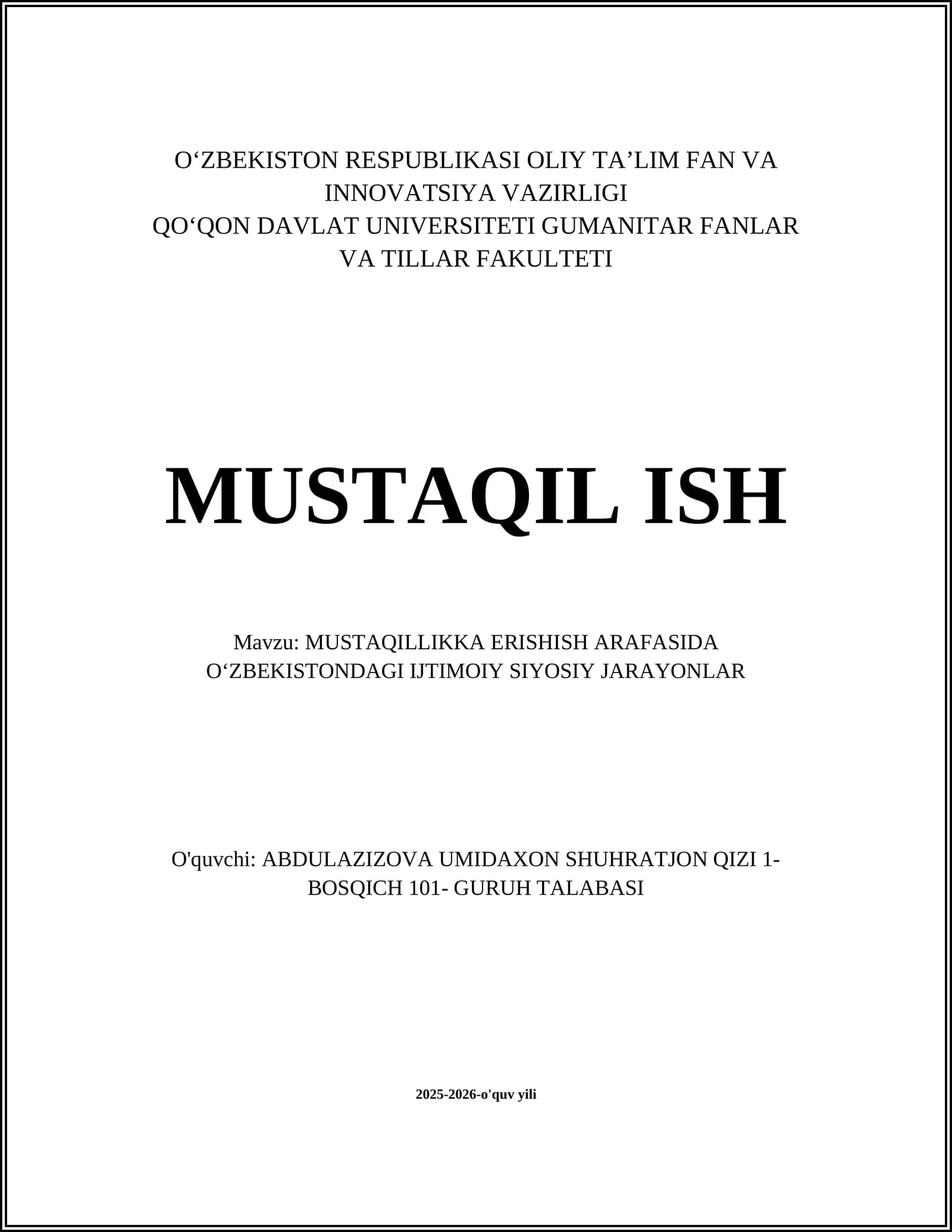 Yuklash Mavzusida Mustaqil Ish