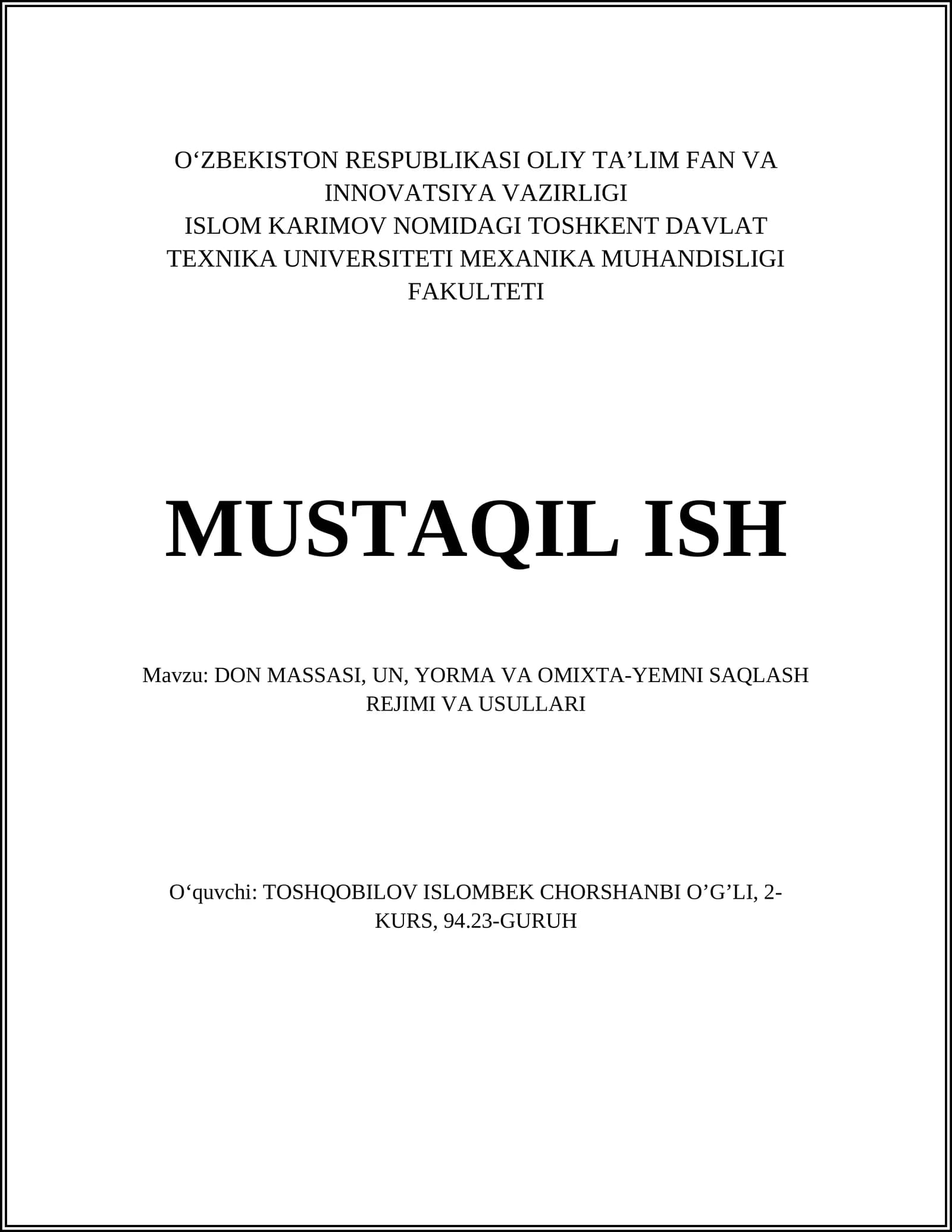DON MASSASI, UN, YORMA VA OMIXTA-YEMNI SAQLASH REJIMI VA USULLARI