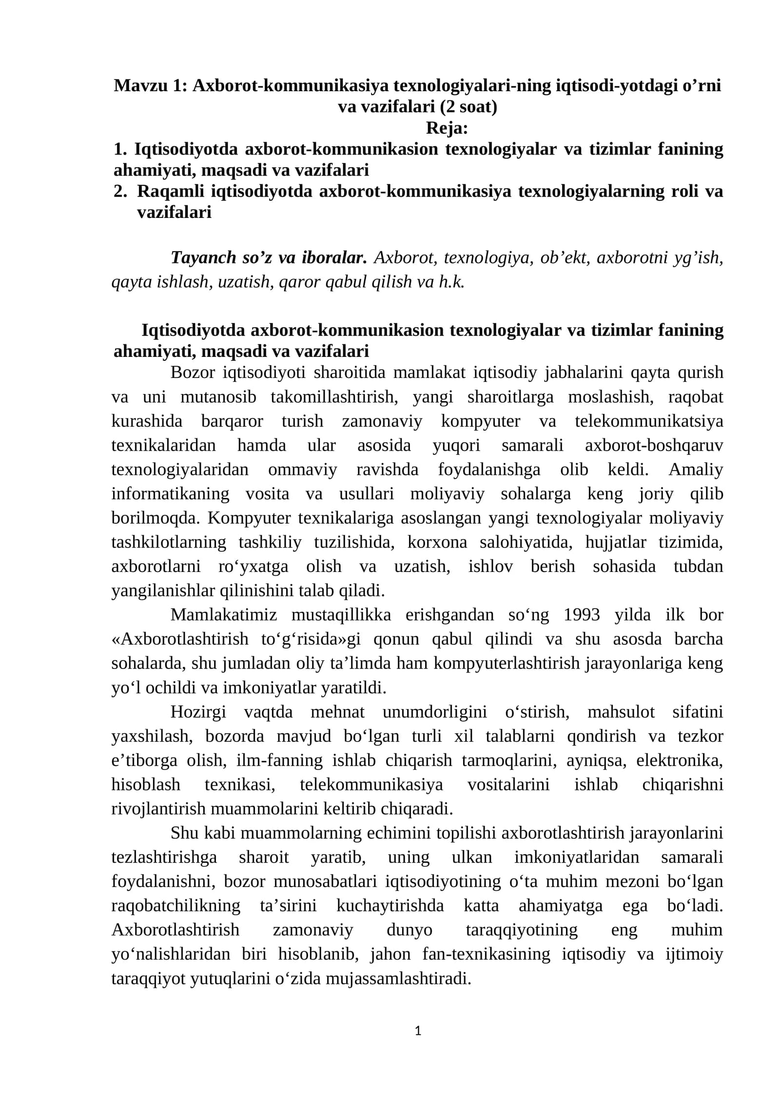 Axborot-kommunikasiya texnologiyalari-ning iqtisodi-yotdagi o’rni va vazifalari