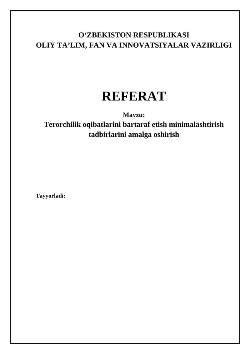 Terorchilik oqibatlarini bartaraf etish minimalashtirish tadbirlarini amalga oshirish