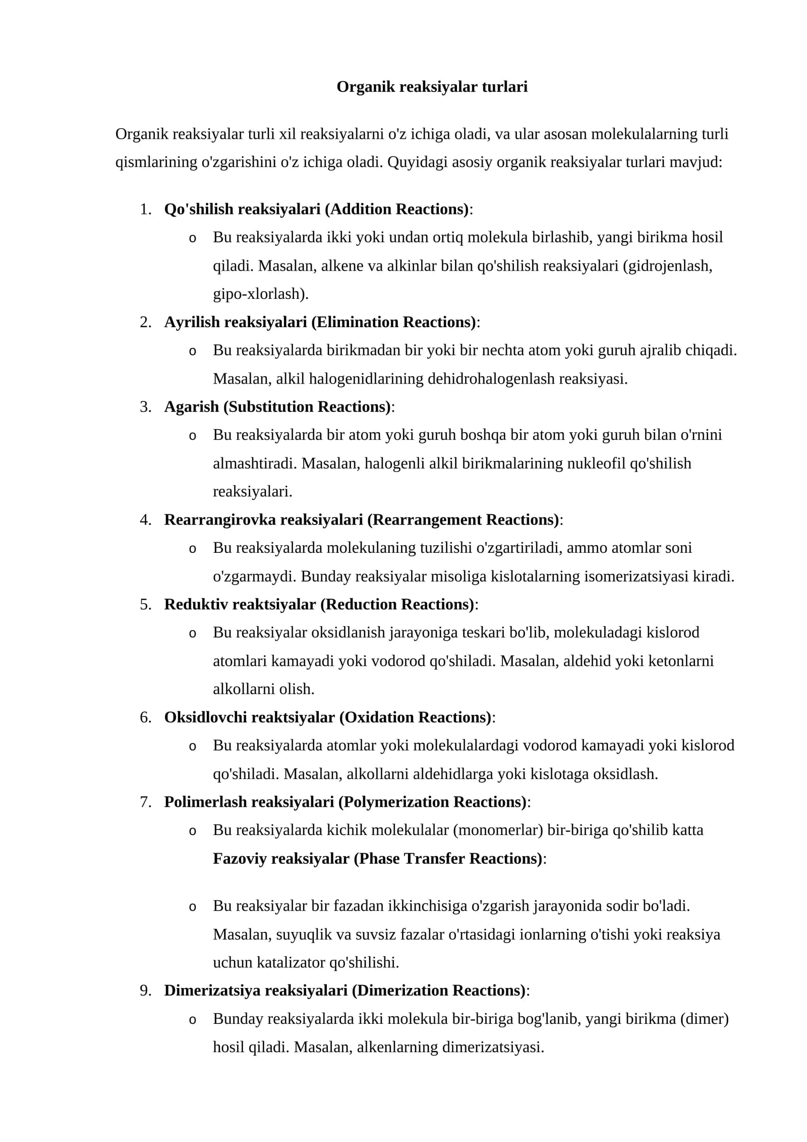 Organik reaksiyalar turlari