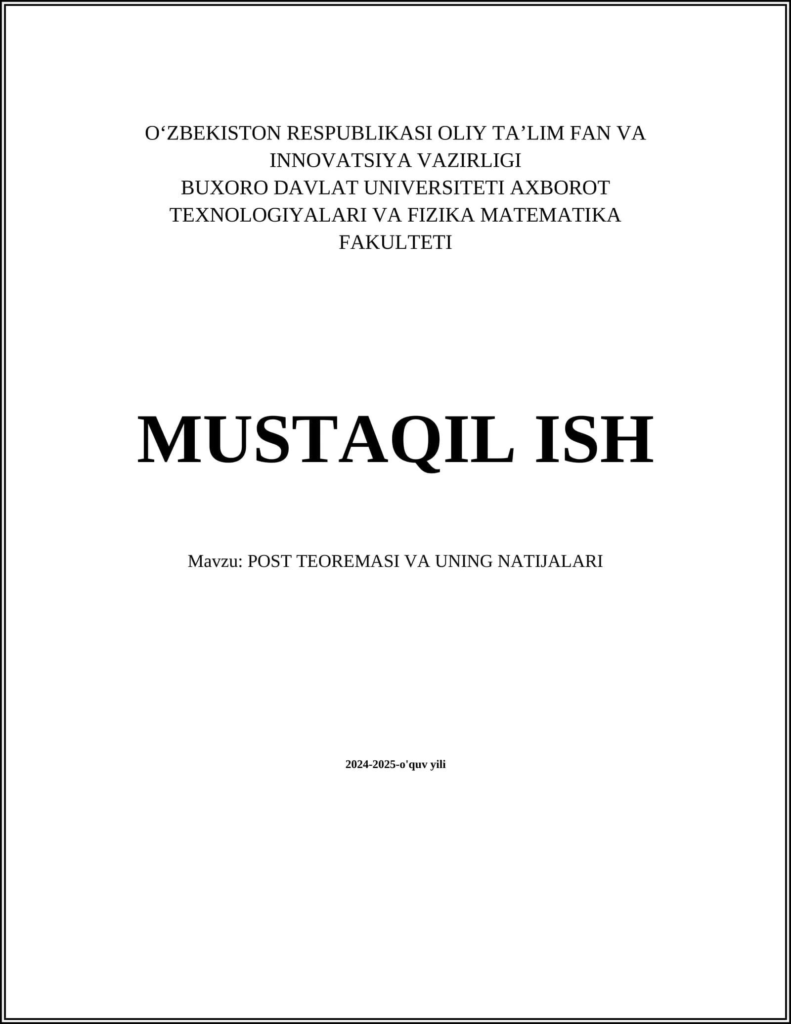 POST TEOREMASI VA UNING NATIJALARI