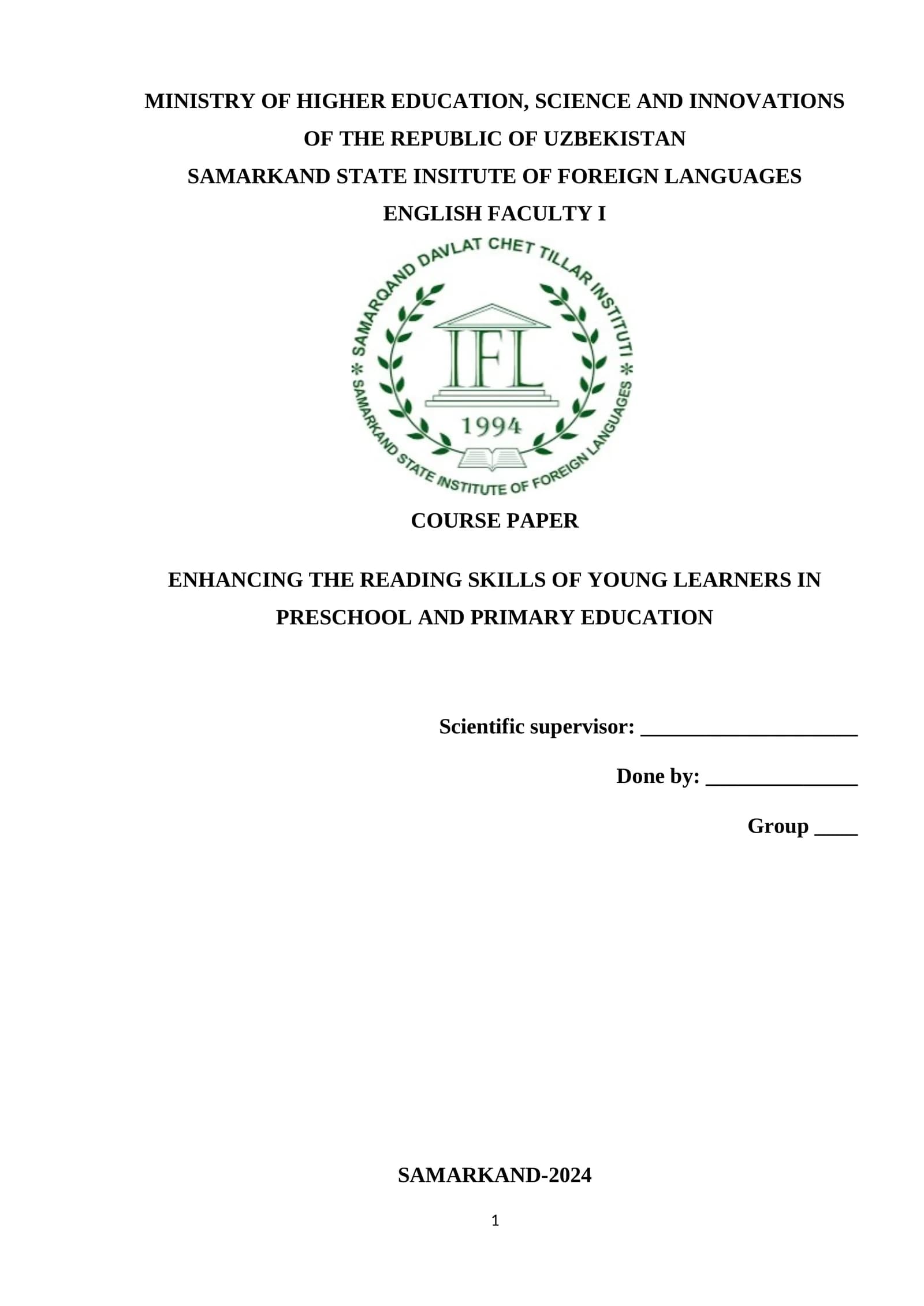 COURSE PAPER: ENHANCING THE READING SKILLS OF YOUNG LEARNERS IN PRESCHOOL AND PRIMARY EDUCATION