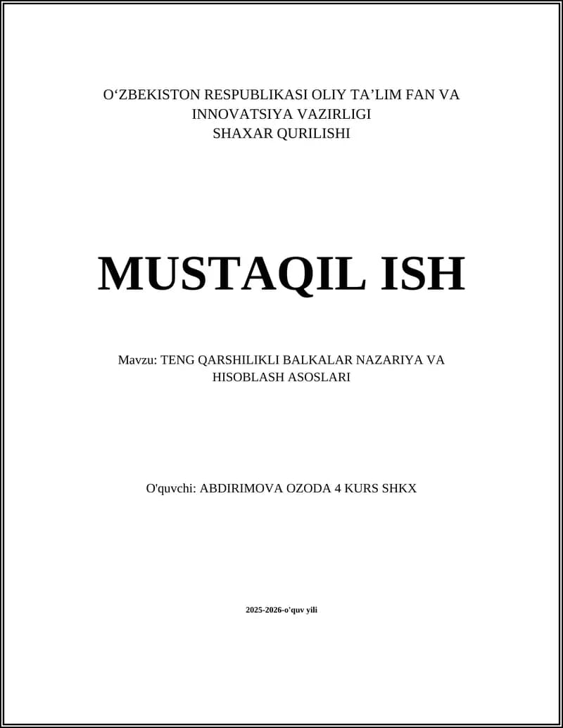 Teng Qarshilikli Balkalar Nazariya va Hisoblash Asoslari
