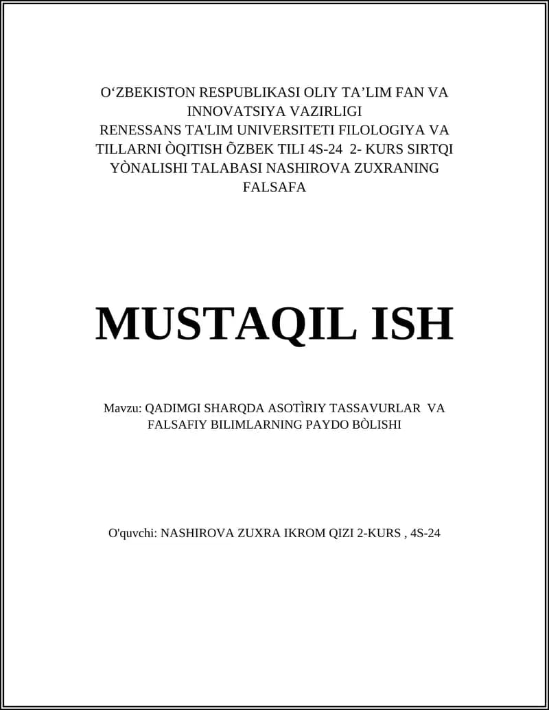 QADIMGI SHARQDA ASOTÌRIY TASSAVURLAR VA FALSAFIY BILIMLARNING PAYDO BÒLISHI