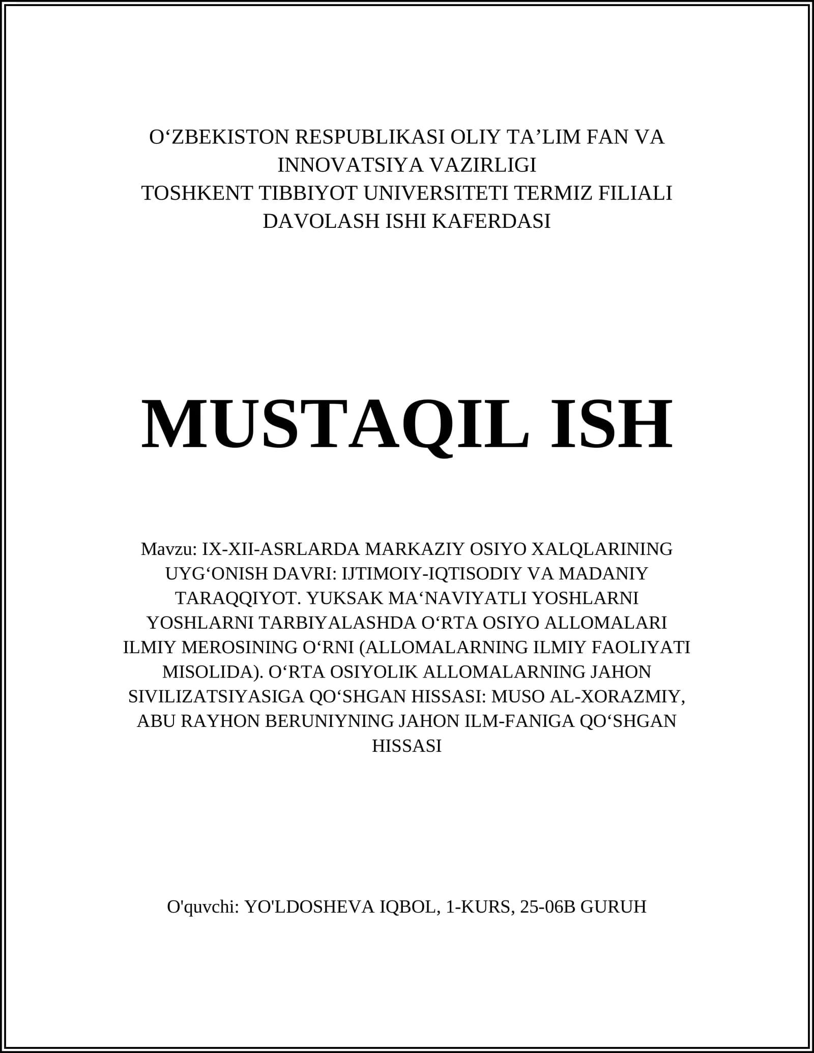 IX-XII-ASRLARDA MARKAZIY OSIYO XALQLARINING UYG‘ONISH DAVRI