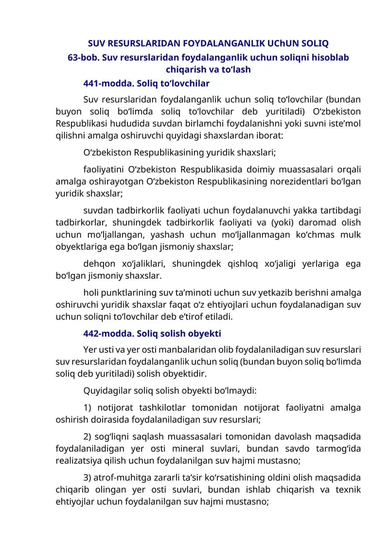 Suv Resurslaridan Foydalanganlik uchun Soliq