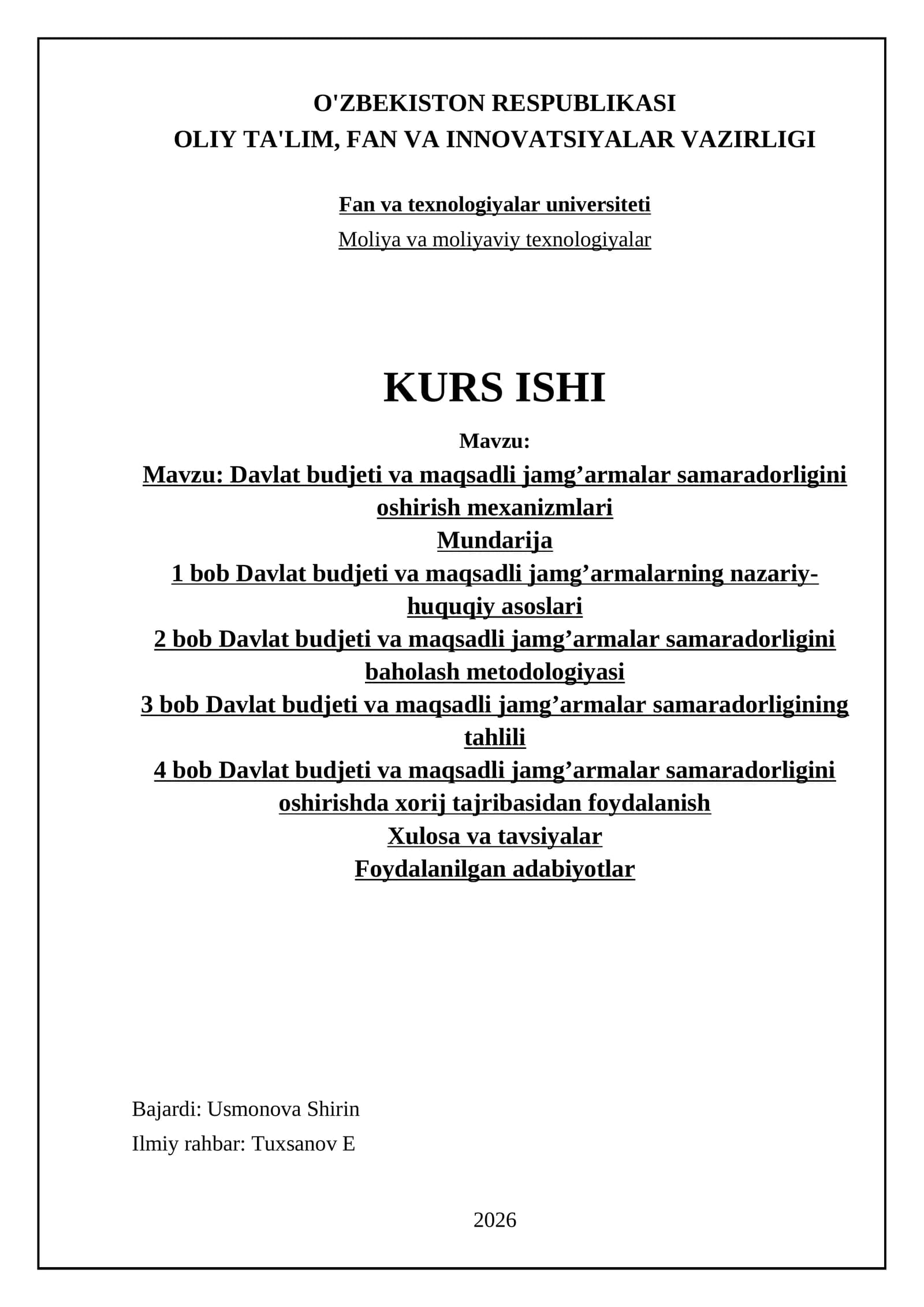 Davlat budjeti va maqsadli jamg’armalar samaradorligini oshirish mexanizmlari