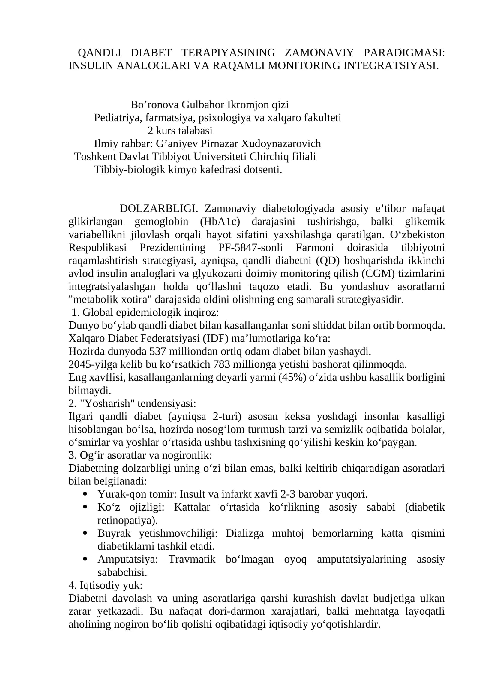 QANDLI DIABET TERAPIYASINING ZAMONAVIY PARADIGMASI: INSULIN ANALOGLARI VA RAQAMLI MONITORING INTEGRATSIYASI