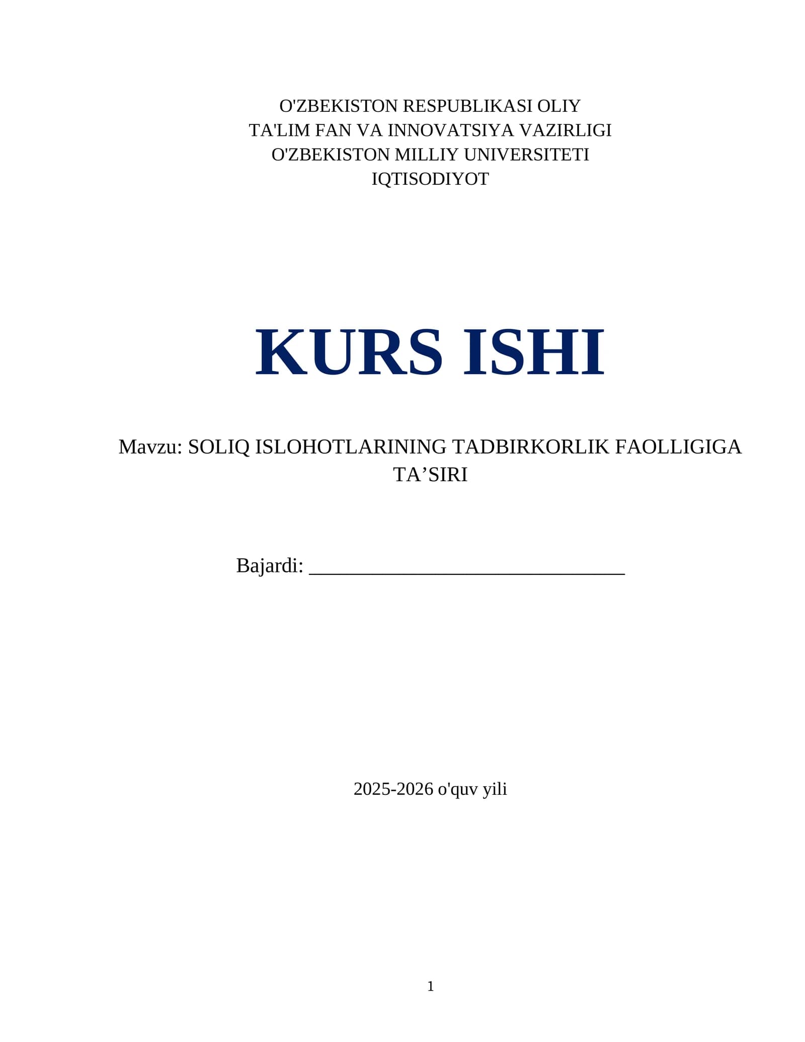 SOLIQ ISLOHOTLARINING TADBIRKORLIK FAOLLIGIGA TA’SIRI