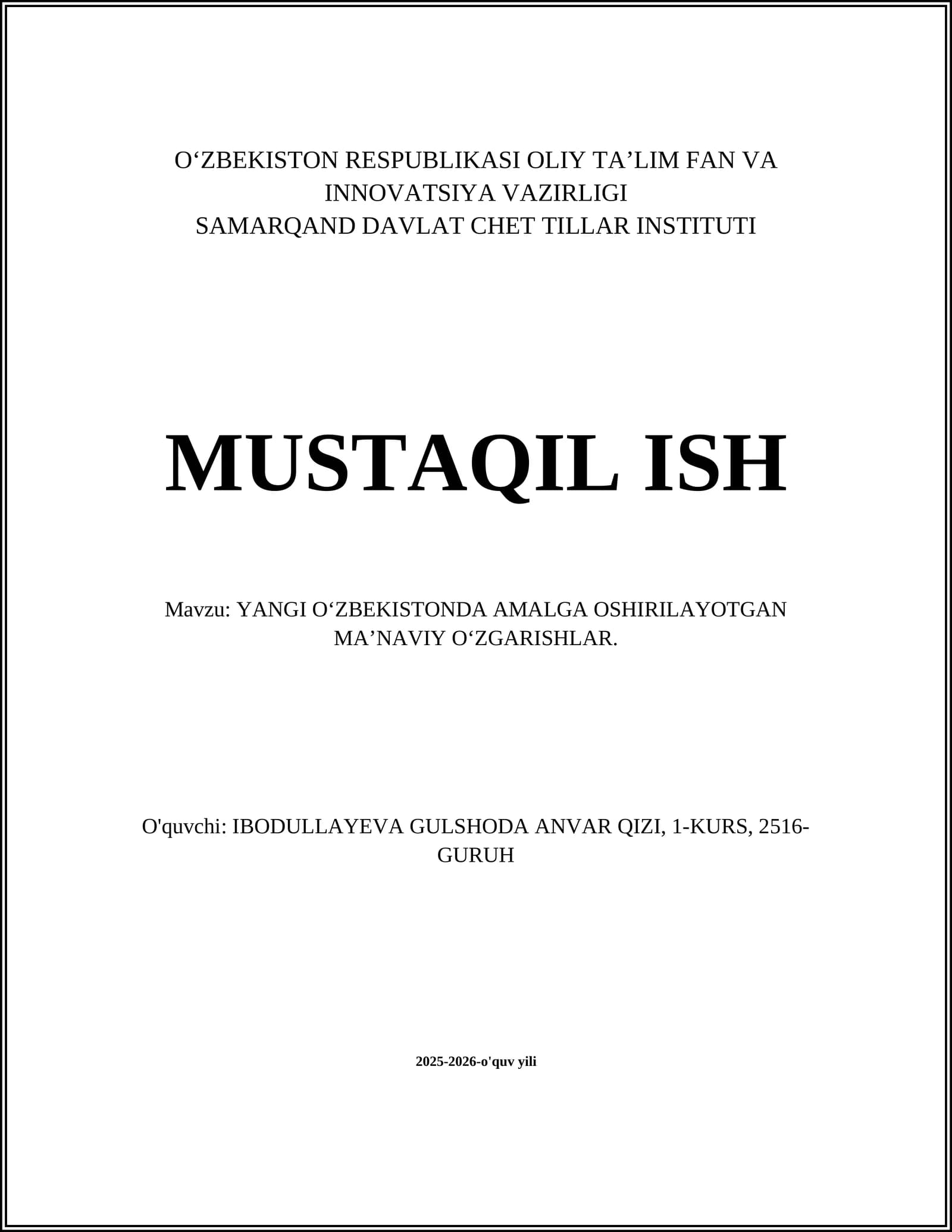 YANGI O‘ZBEKISTONDA AMALGA OSHIRILAYOTGAN MA’NAVIY O‘ZGARISHLAR