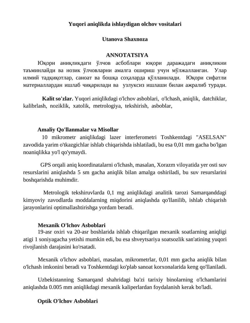 Yuqori aniqlikda ishlaydigan olchov vositalari