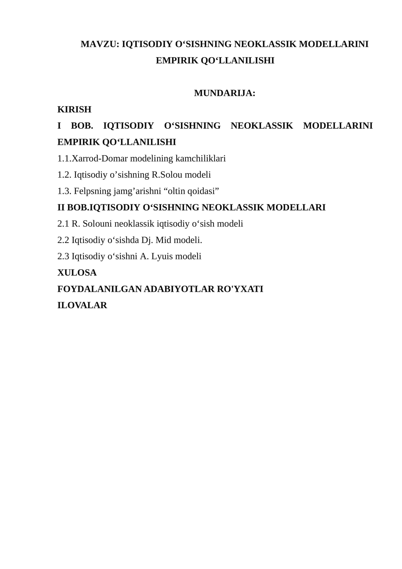 Iqtisodiy o‘sishning neoklassik modellarini empirik qo‘llanilishi