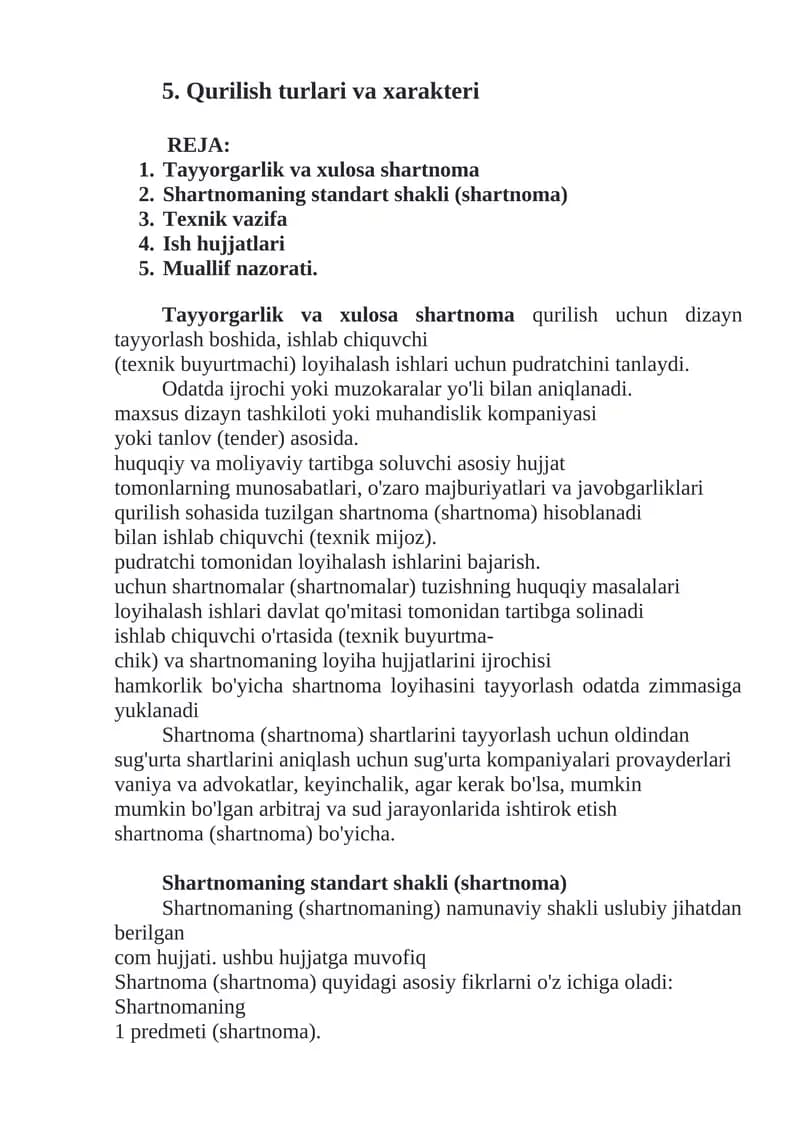 Qurilish turlari va xarakteri