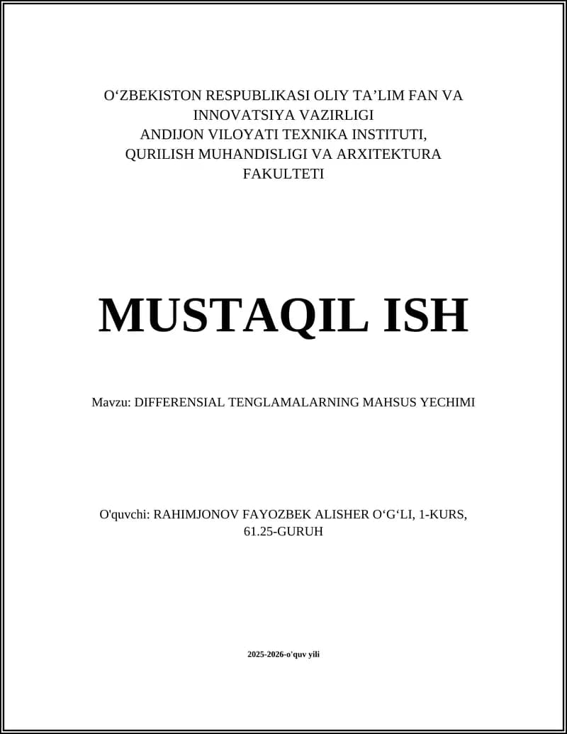 DIFFERENSIAL TENGLAMALARNING MAHSUS YECHIMI