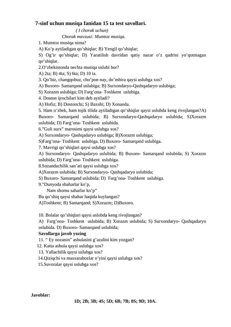 7-sinf uchun musiqa fanidan 15 ta test savollari