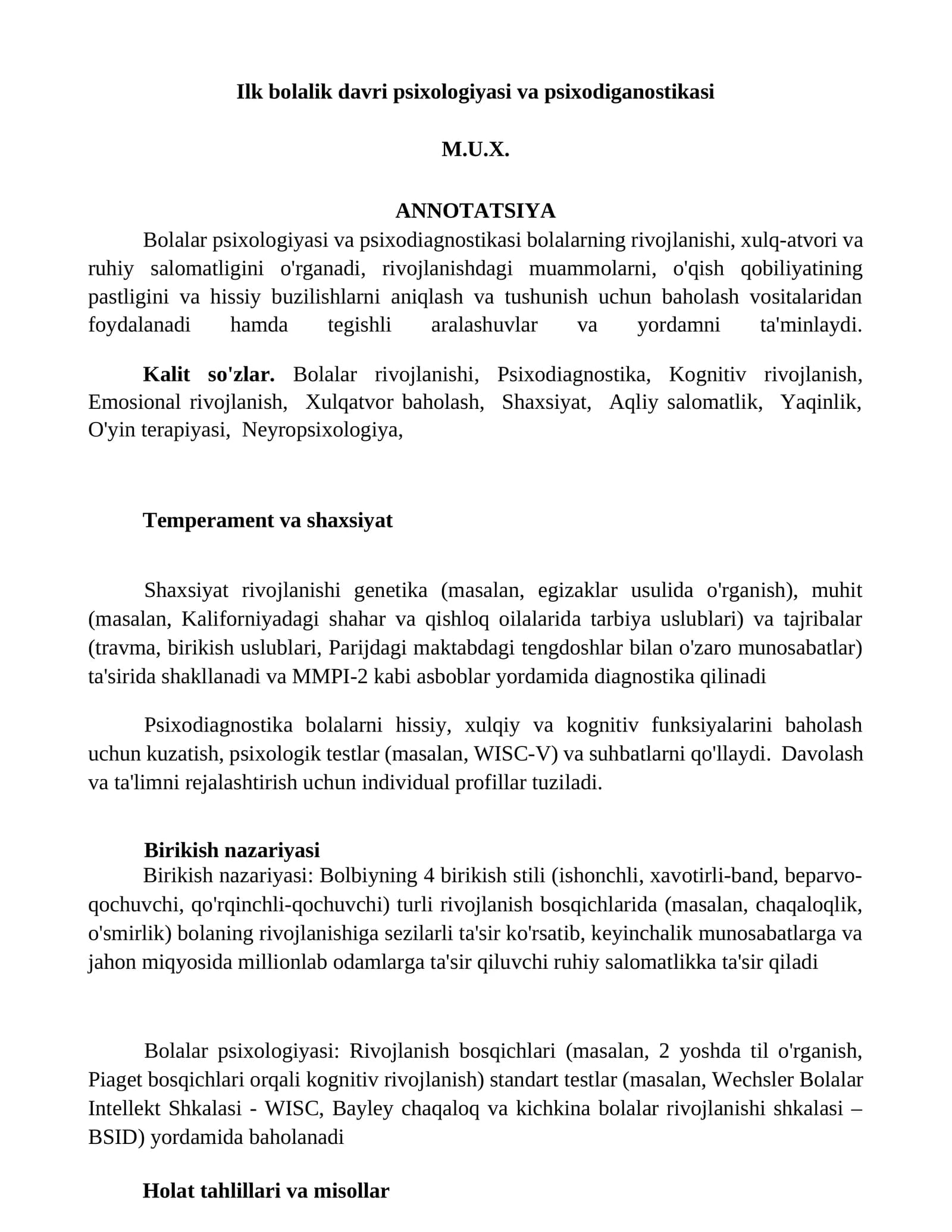 Ilk bolalik davri psixologiyasi va psixodiganostikasi