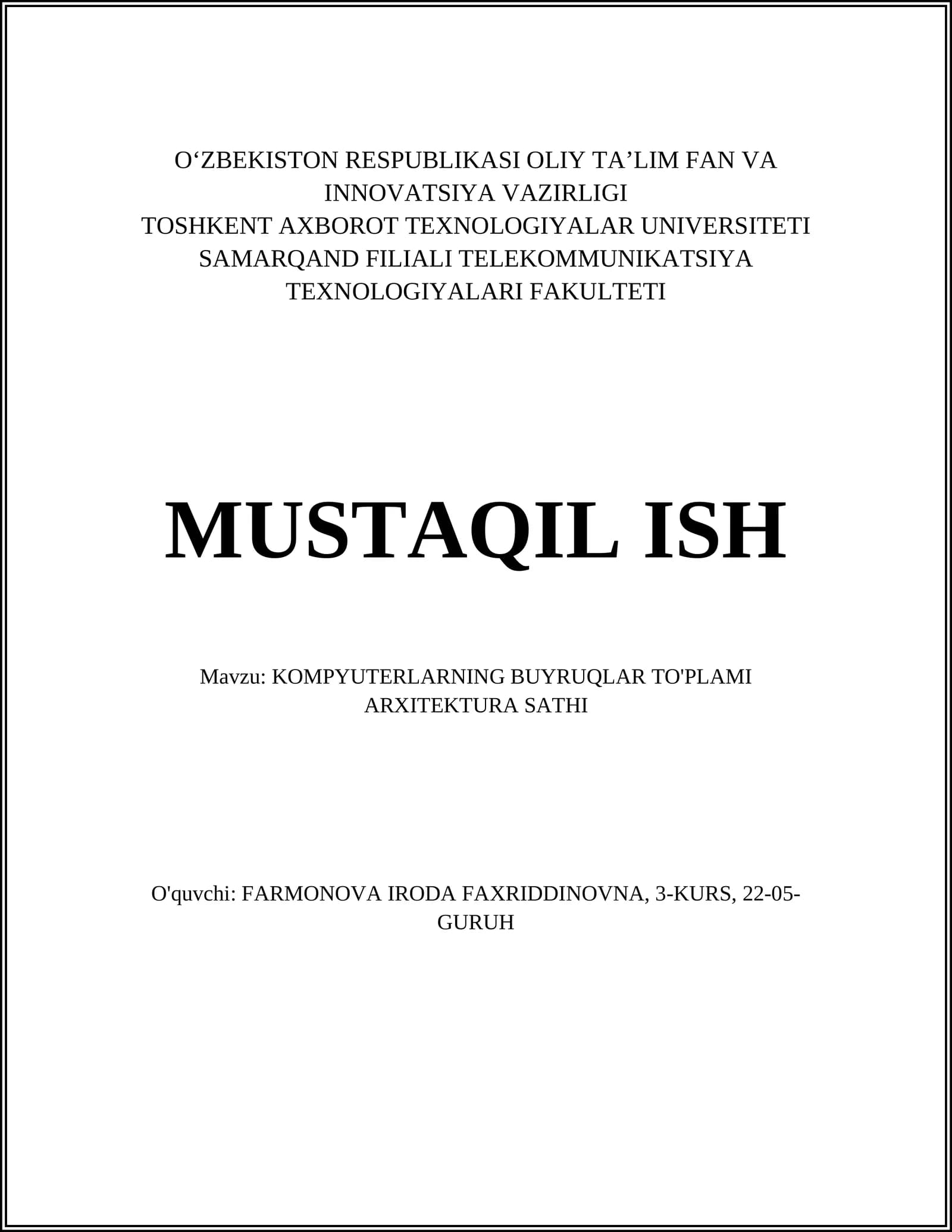 KOMPYUTERLARNING BUYRUQLAR TO'PLAMI ARXITEKTURA SATHI
