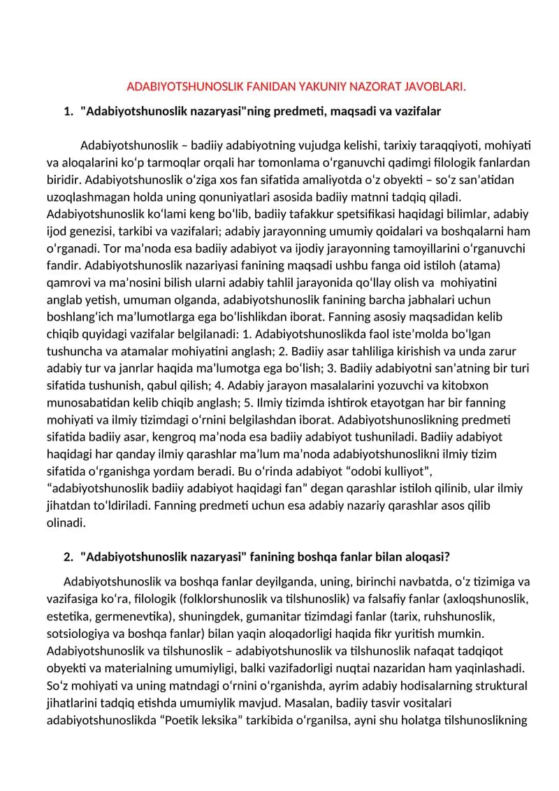 ADABIYOTSHUNOSLIK FANIDAN YAKUNIY NAZORAT JAVOBLARI