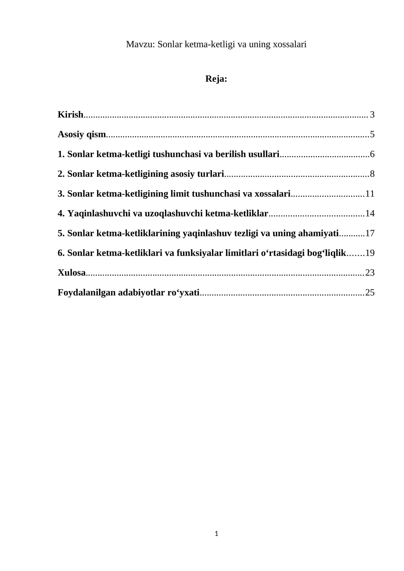 Sonlar ketma-ketligi va uning xossalari