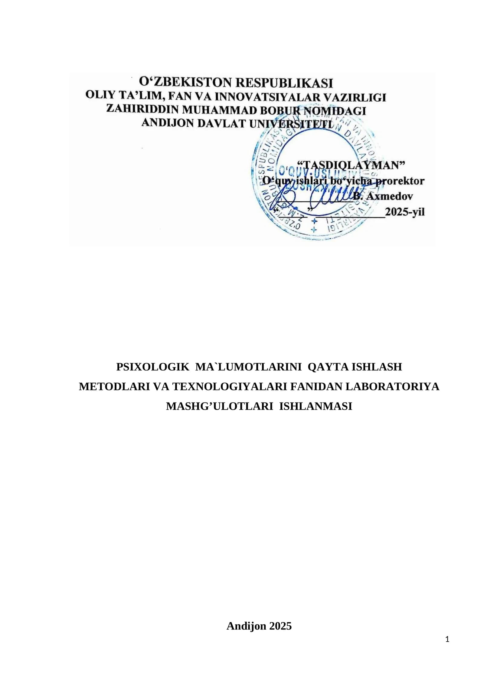 Psixologik tadqiqot ma`lumotlarini qayta ishlash metodlari va texnologiyalari fani bo’yicha laboratoriya mashg’ulotlar ishlanmasi