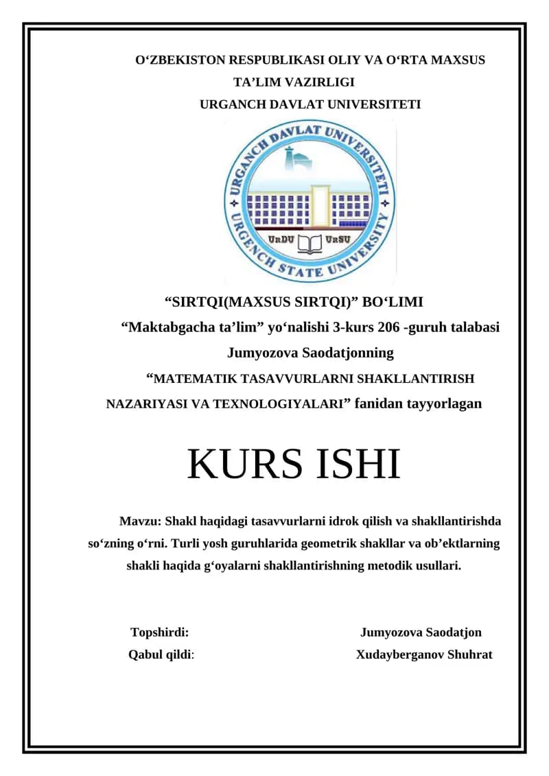 Shakl haqidagi tasavvurlarni idrok qilish
