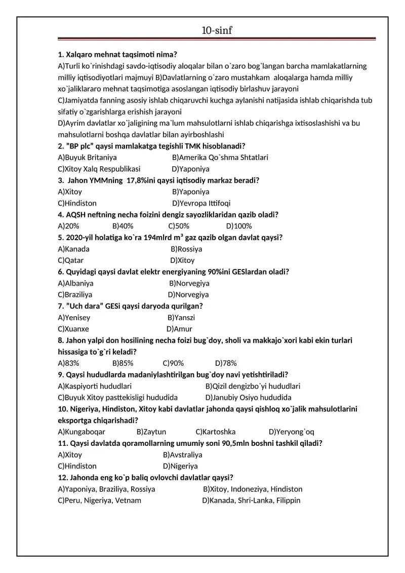 10-sinf yangi nashr etilgan geografiya darsligi asosida tuzilgan test