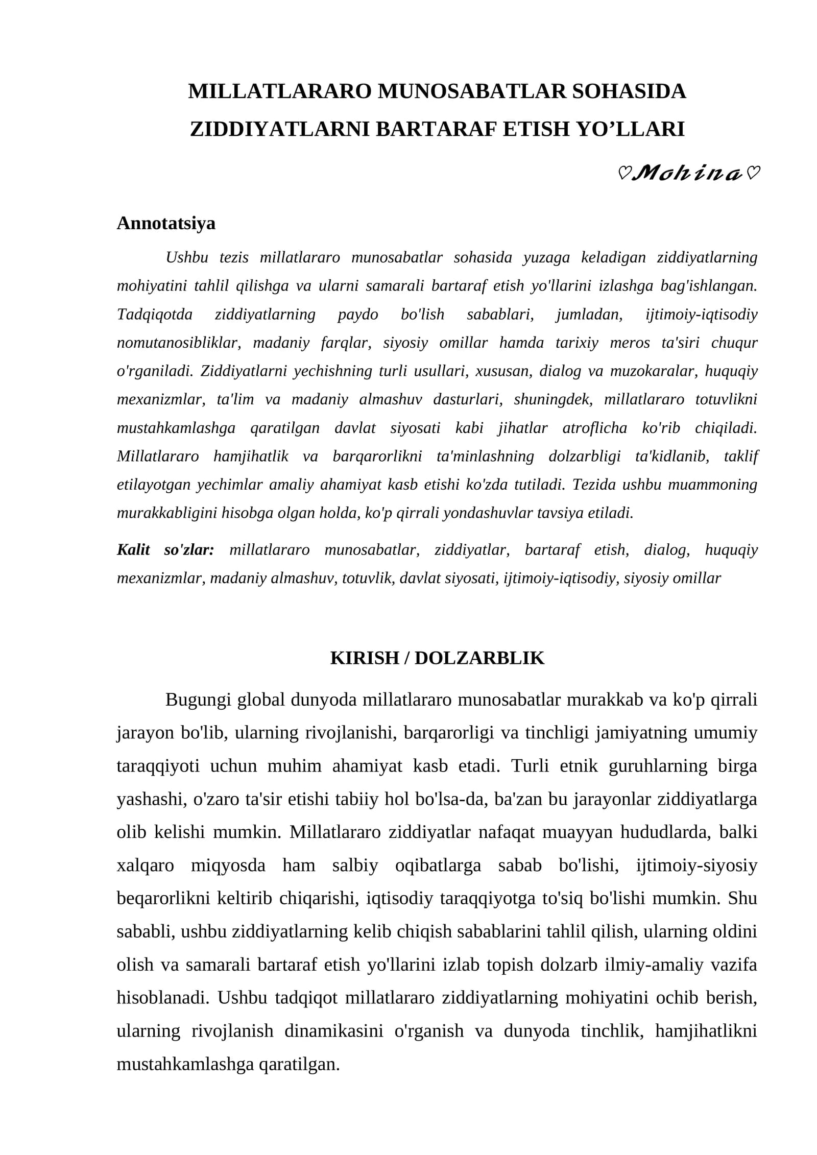 MILLATLARARO MUNOSABATLAR SOHASIDA ZIDDIYATLARNI BARTARAF ETISH YOʼLLARI