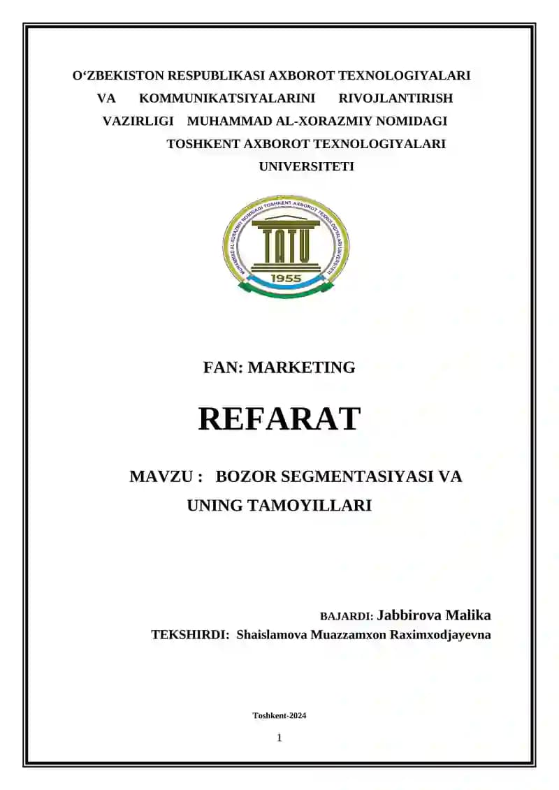 Bozor segmentatsiyasi va uning tamojillari