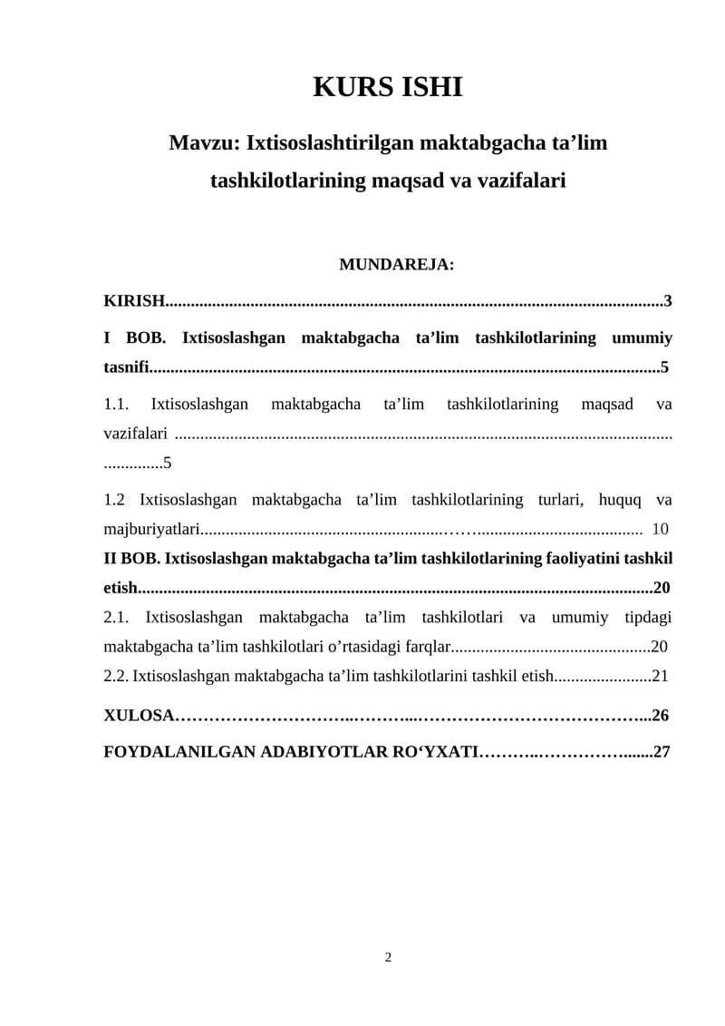 Ixtisoslashtirilgan maktabgacha ta’lim tashkilotlarining maqsad va vazifalari