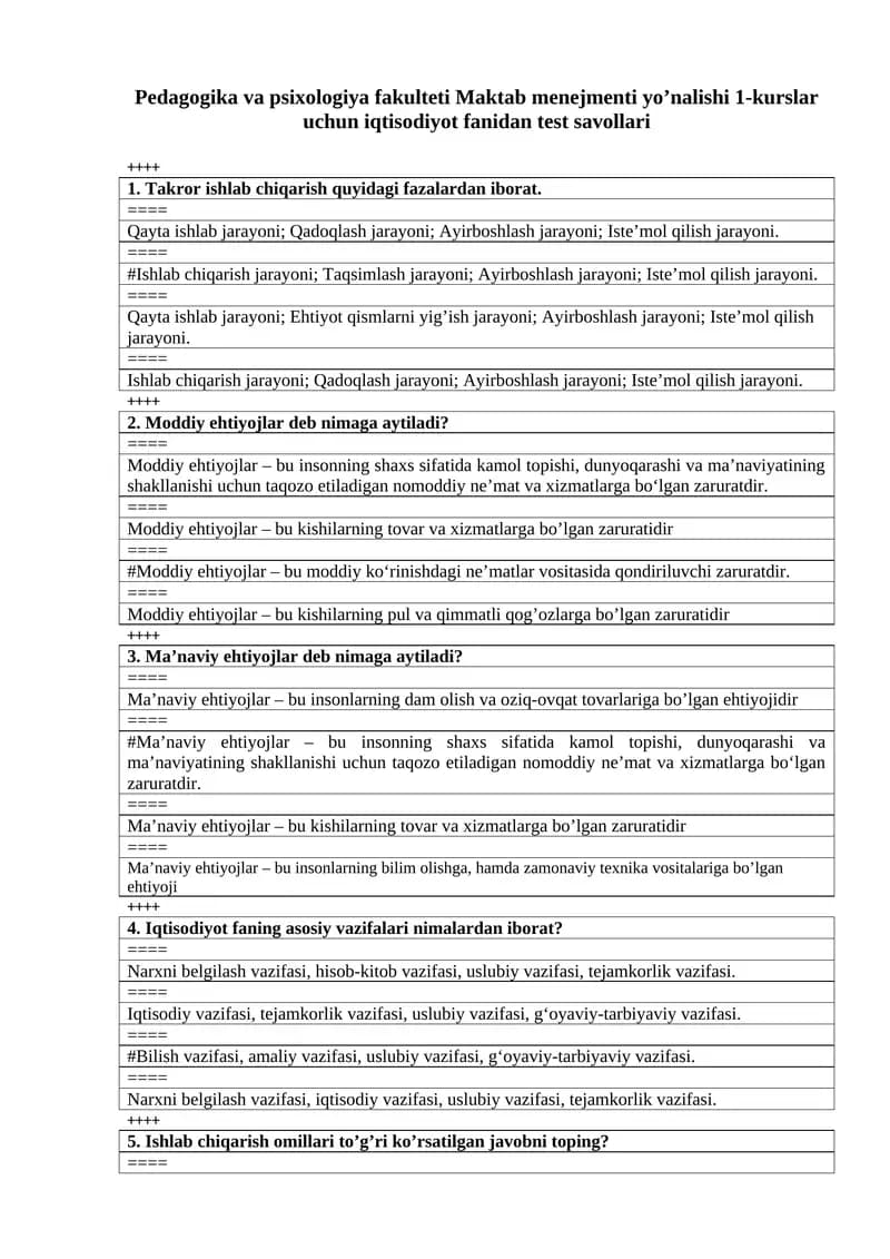 Maktab menejmenti yo’nalishi 1-kurslar uchun iqtisodiyot fanidan test savollari
