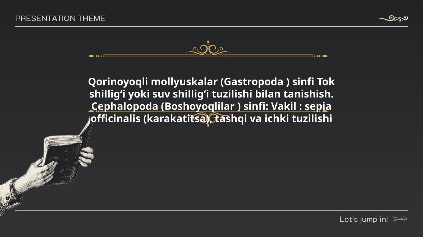 Qorinoyoqli mollyuskalar (Gastropoda ) sinfi Tok shillig‘i yoki suv shillig‘i tuzilishi bilan tanishish. Cephalopoda (Boshoyoqlilar ) sinfi: Vakil: sepia officinalis (karakatitsa), tashqi va ichki tuzilishi