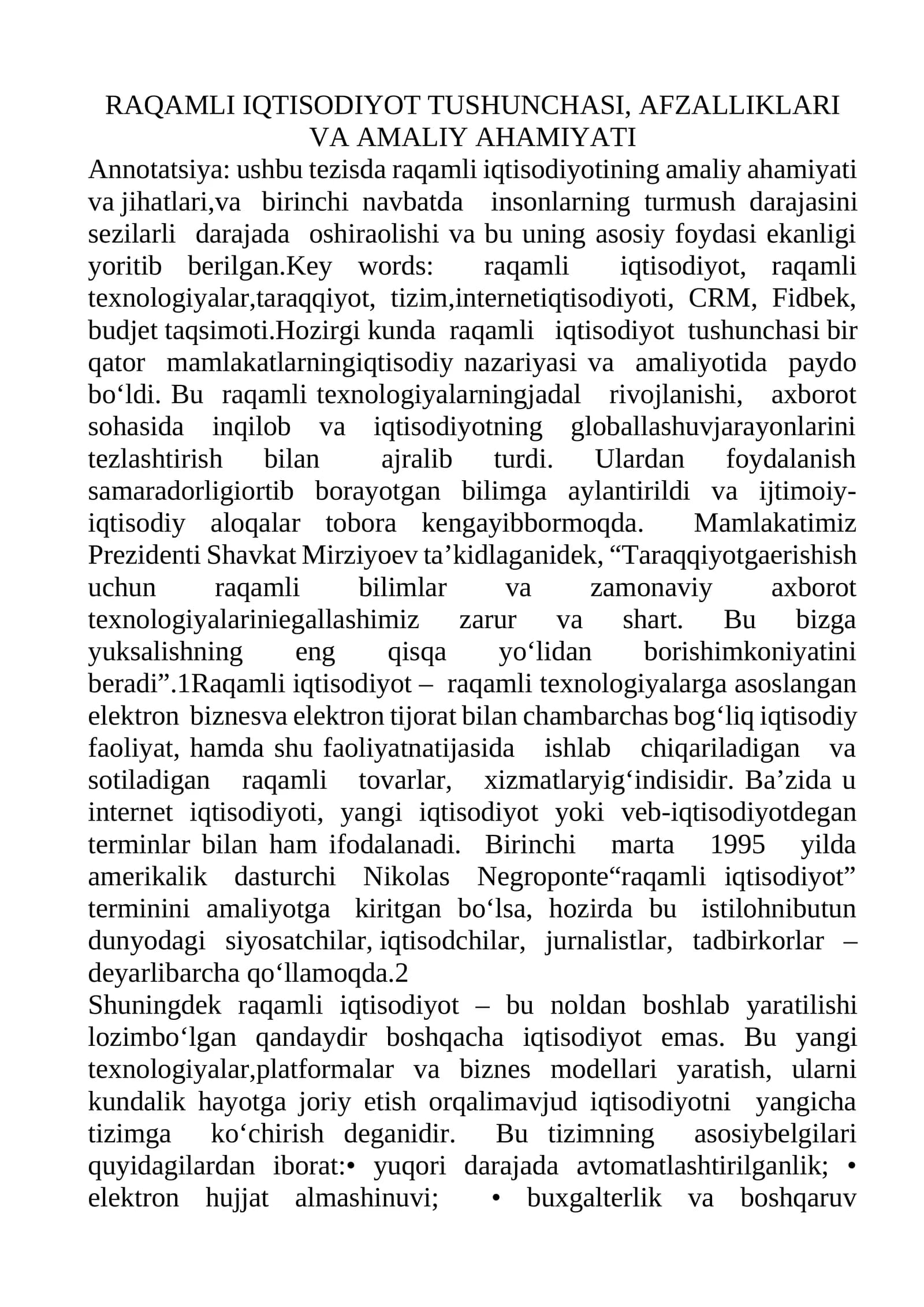 RAQAMLI IQTISODIYOT TUSHUNCHASI, AFZALLIKLARI VA AMALIY AHAMIYATI