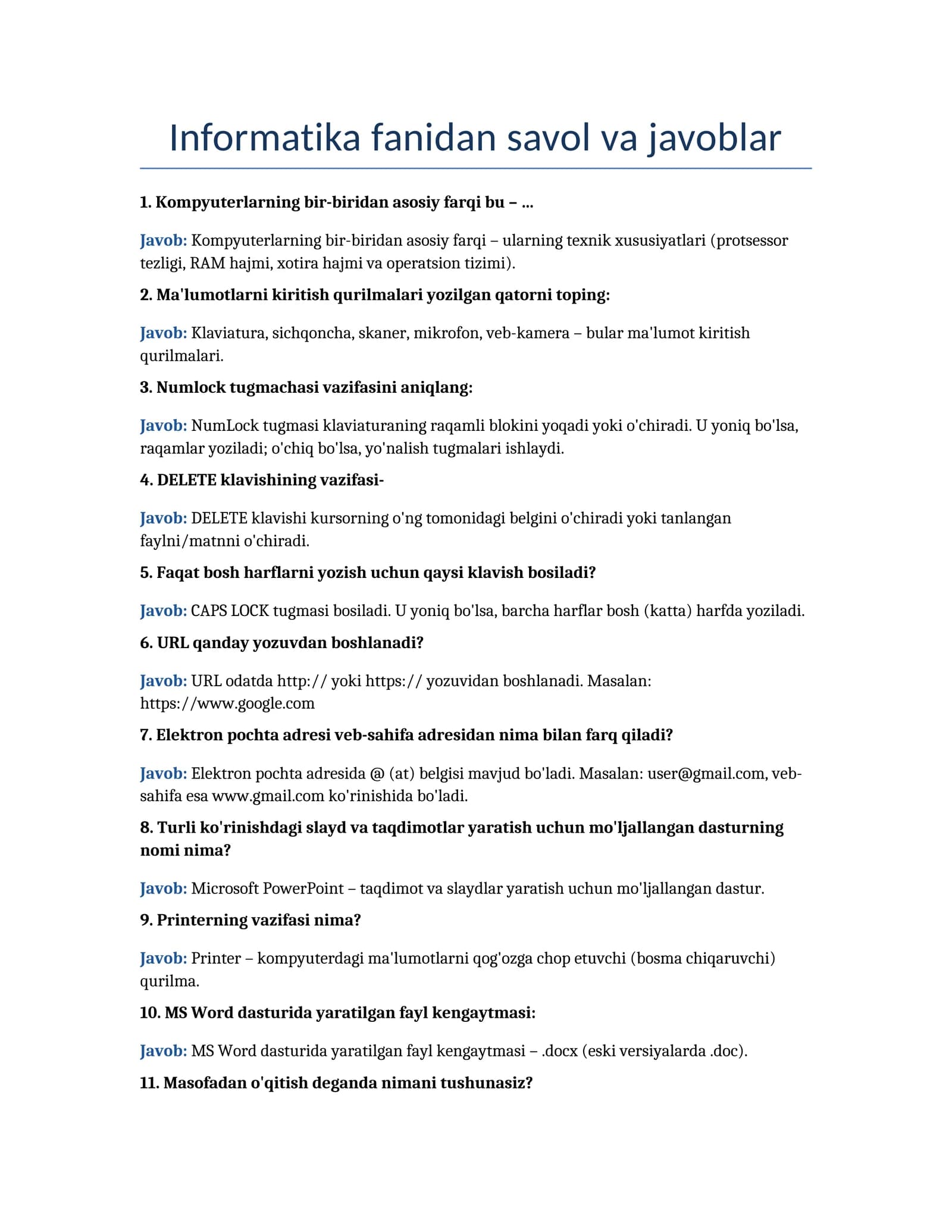 Informatika fanidan savol va javoblar