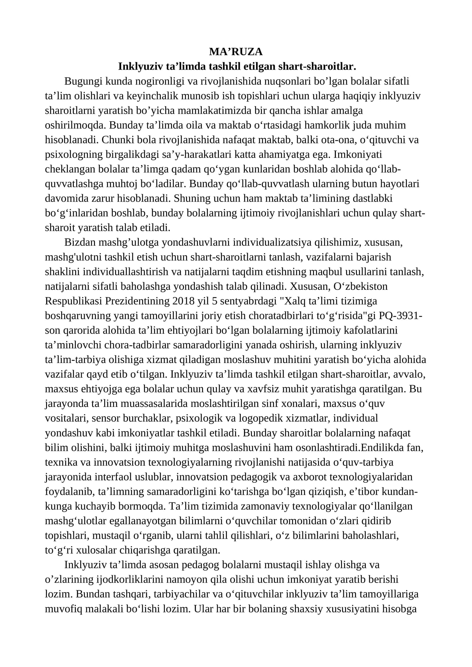 Inklyuziv ta’limda tashkil etilgan shart-sharoitlar.