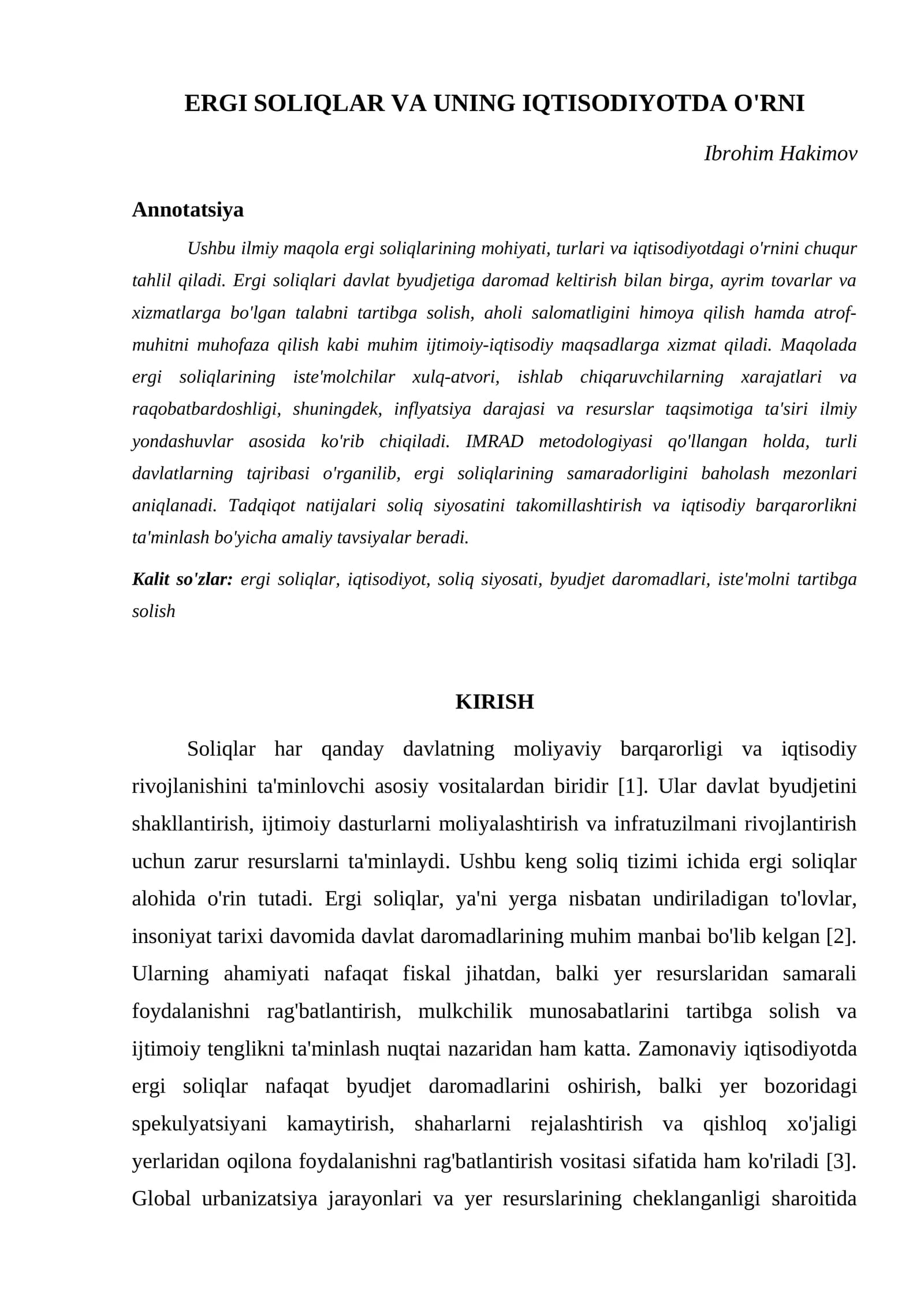 ERGI SOLIQLAR VA UNING IQTISODIYOTDA O'RNI