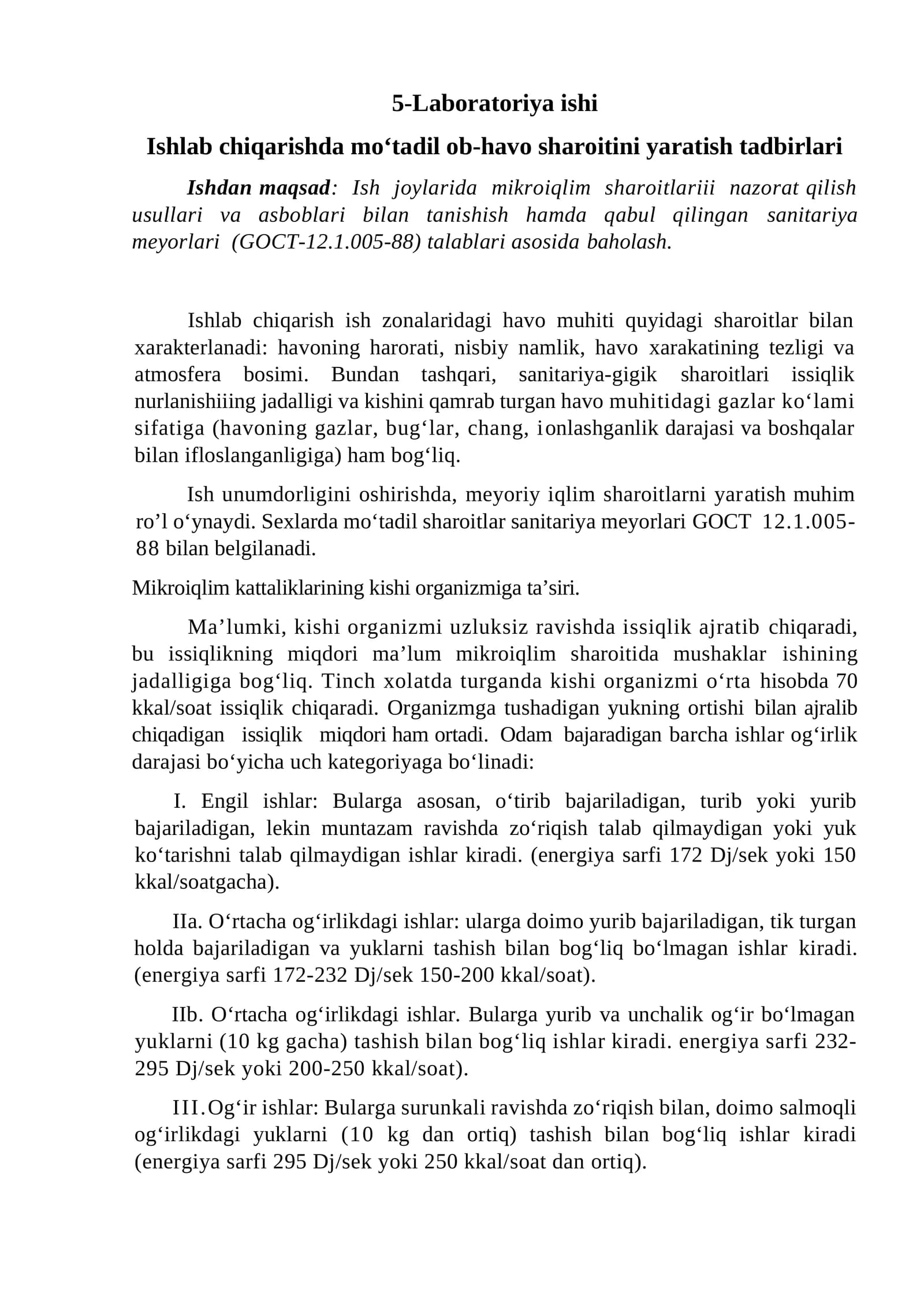 Ishlab chiqarishda mo‘tadil ob-havo sharoitini yaratish tadbirlari