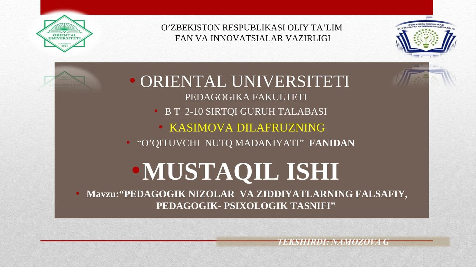O'qituvchi Nutq Madaniyati Fanidan Mustaqil Ish