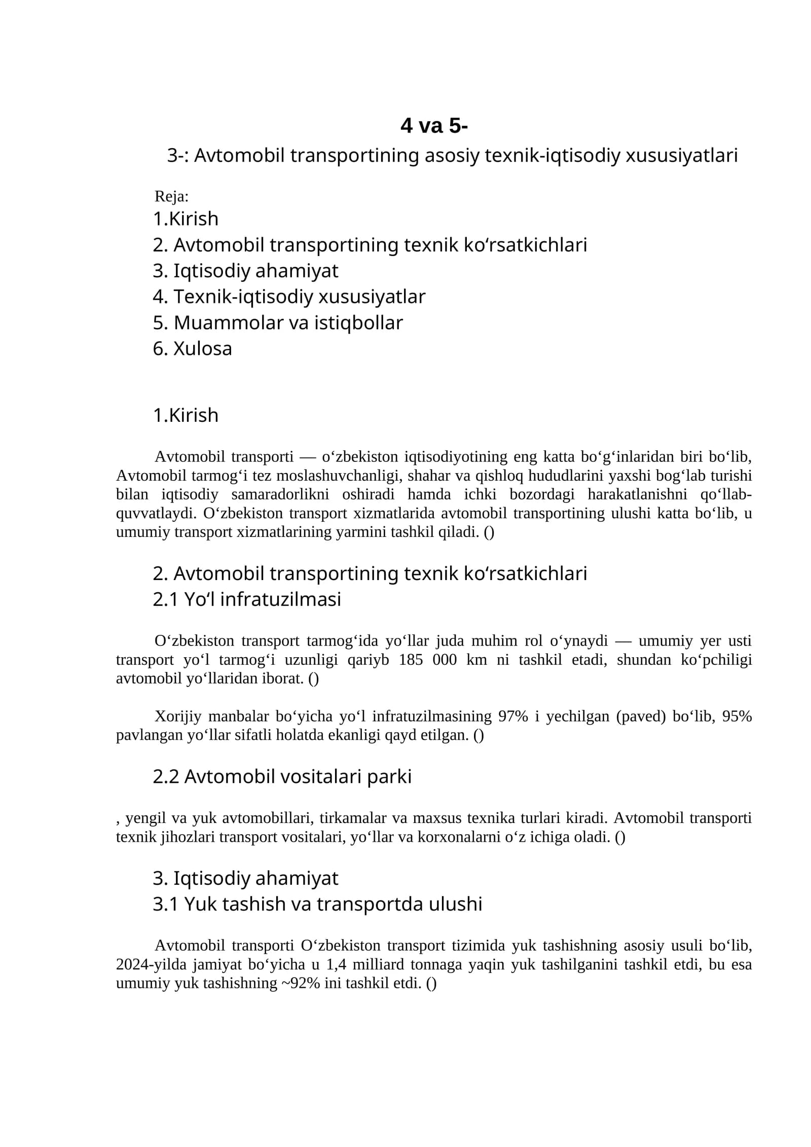Avtomobil transportining asosiy texnik-iqtisodiy xususiyatlari
