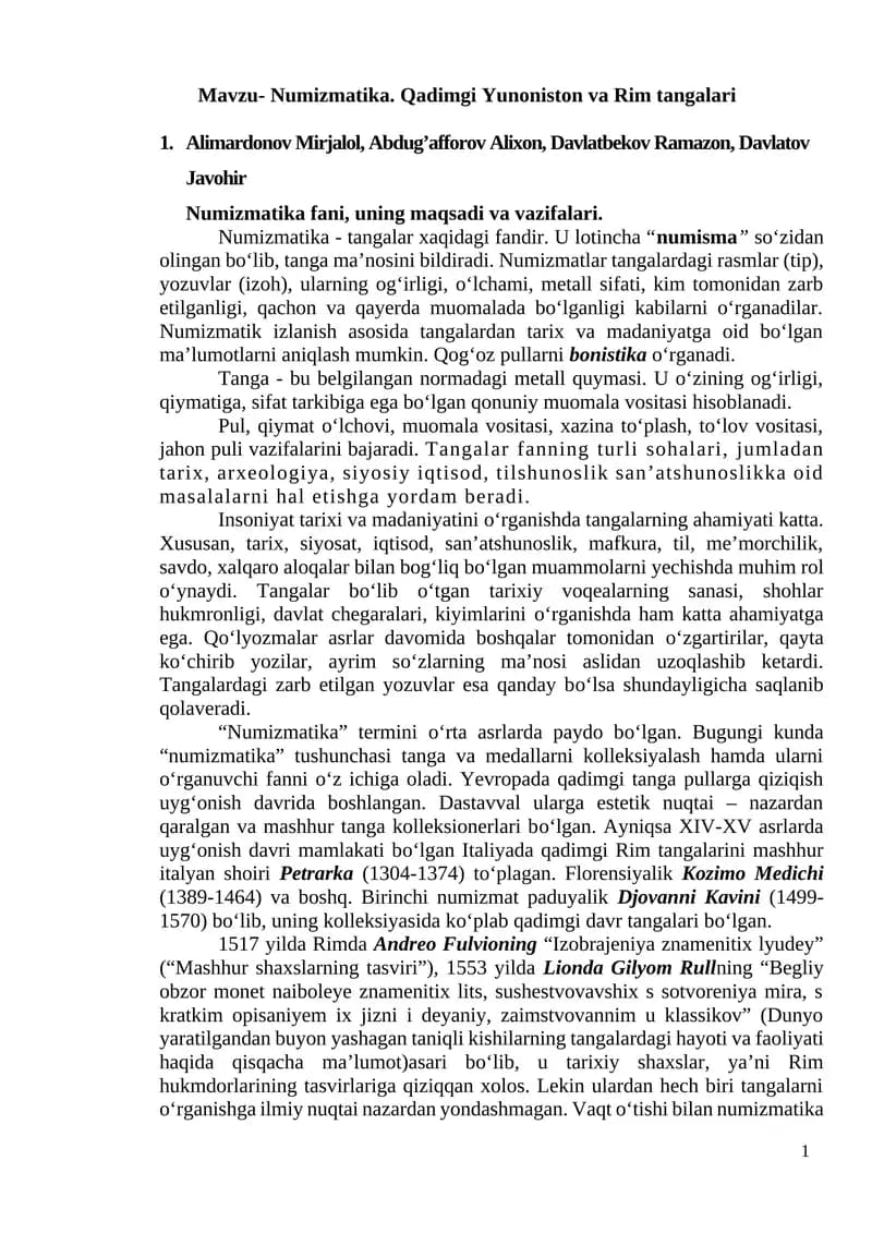 Numizmatika. Qadimgi Yunoniston va Rim tangalari