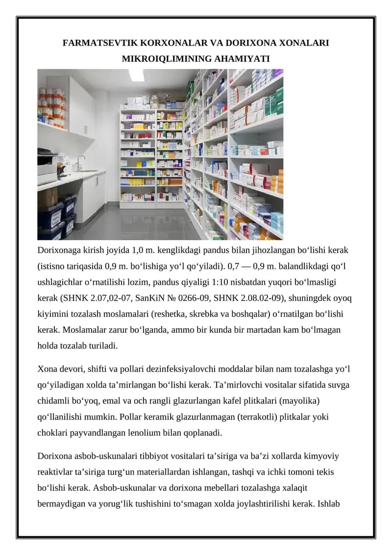 FARMATSEVTIK KORXONALAR VA DORIXONA XONALARI MIKROIQLIMINING AHAMIYATI