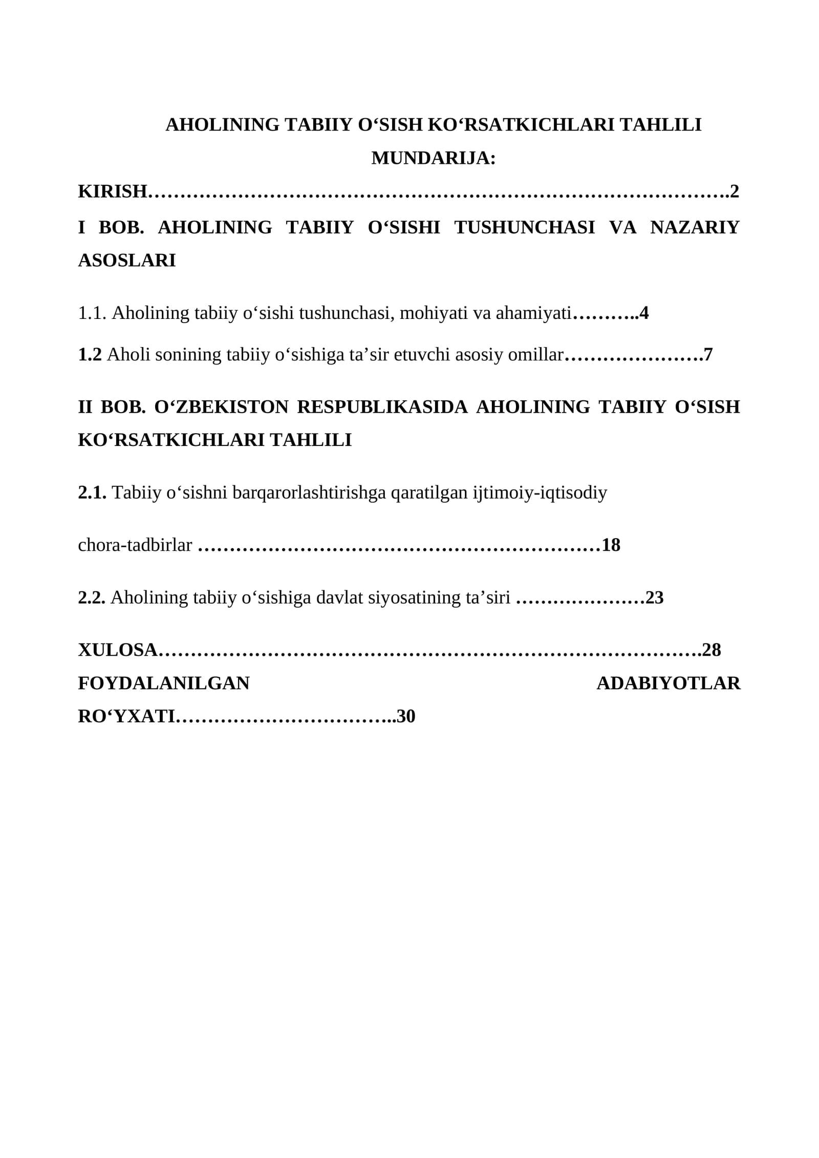 AHOLINING TABIIY O‘SISH KO‘RSATKICHLARI TAHLILI