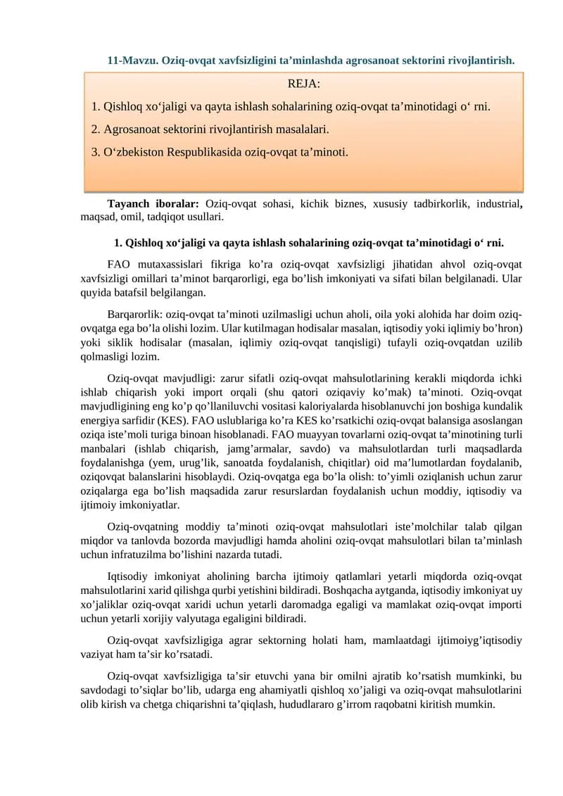 Oziq-ovqat xavfsizligini ta’minlashda agrosanoat sektorini rivojlantirish