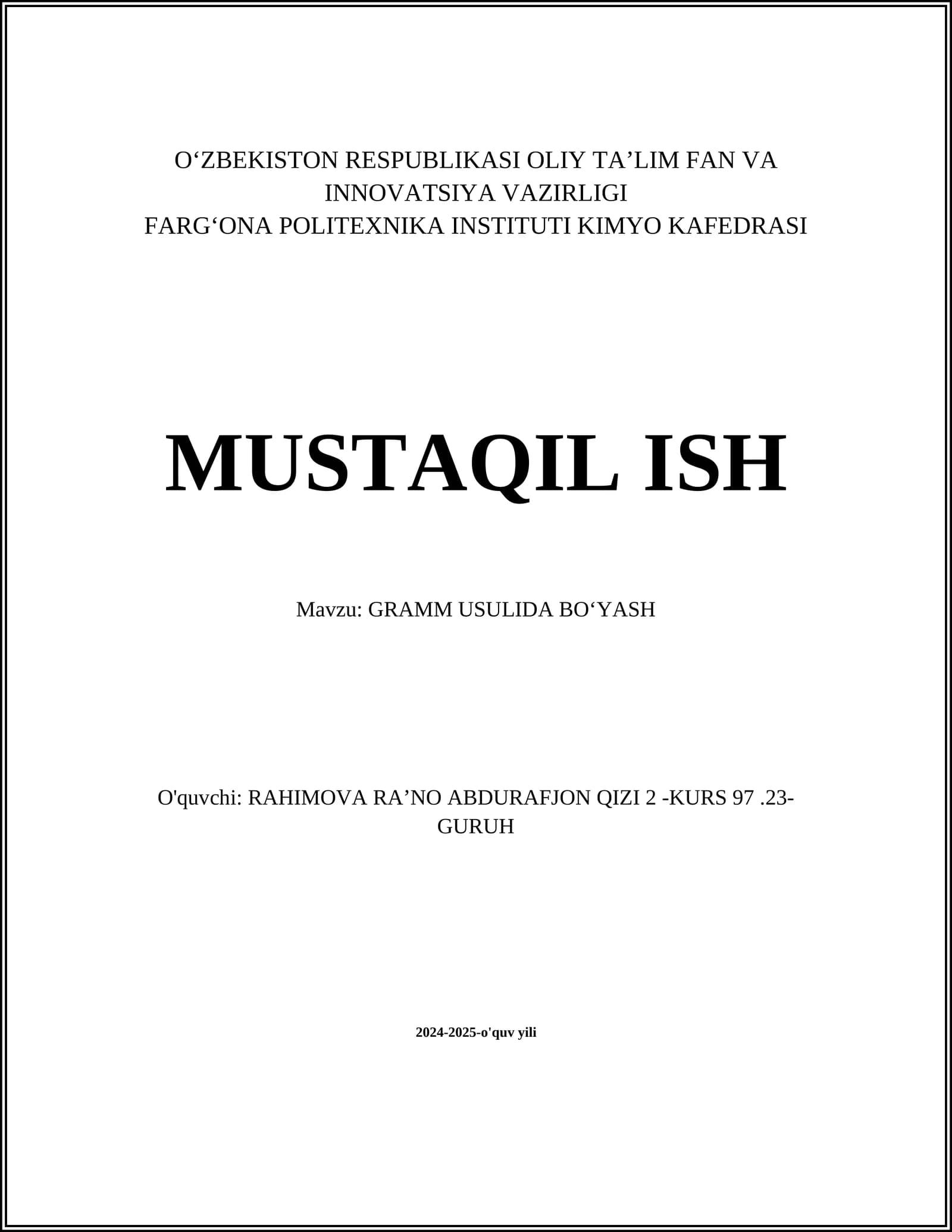 GRAMM USULIDA BO'YASH