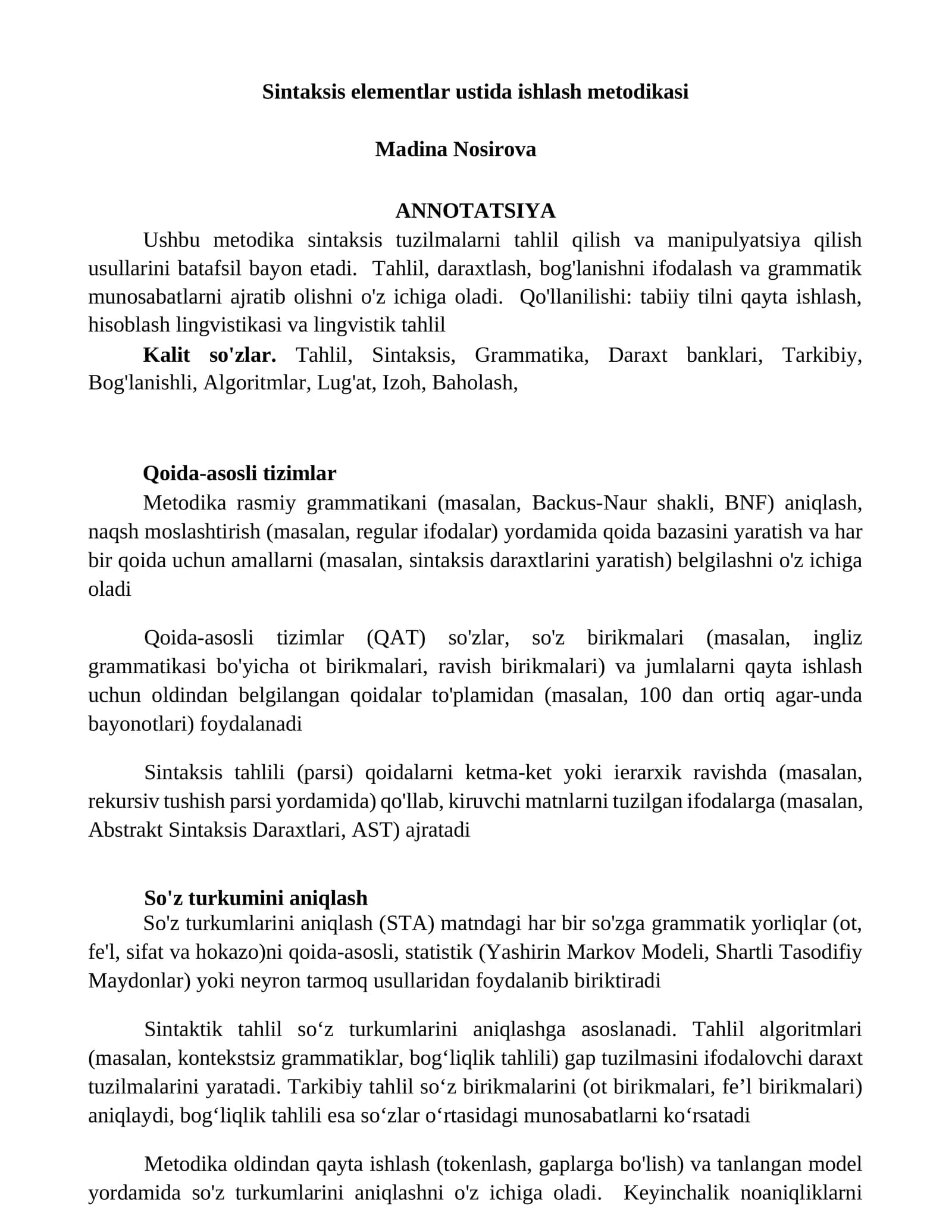 Sintaksis elementlar ustida ishlash metodikasi