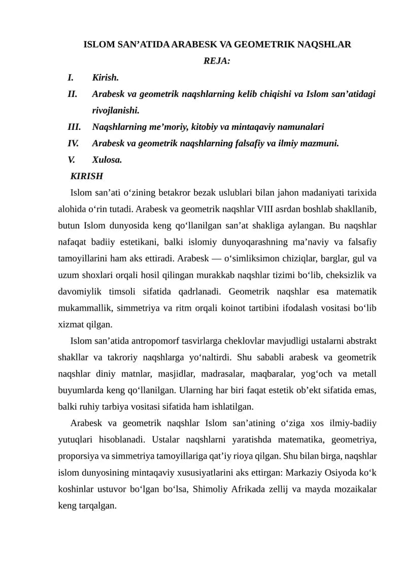 ISLOM SAN’ATIDA ARABESK VA GEOMETRIK NAQSHLAR