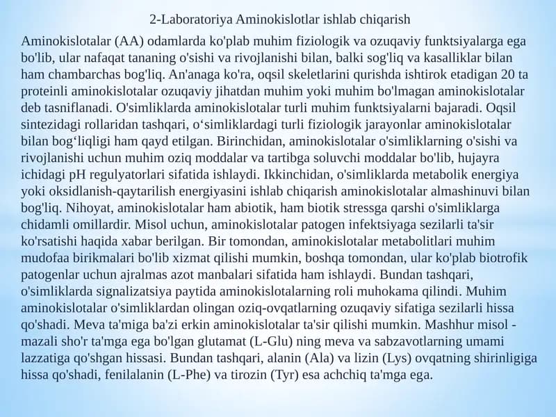 Laboratoriya Aminokislotlar ishlab chiqarish